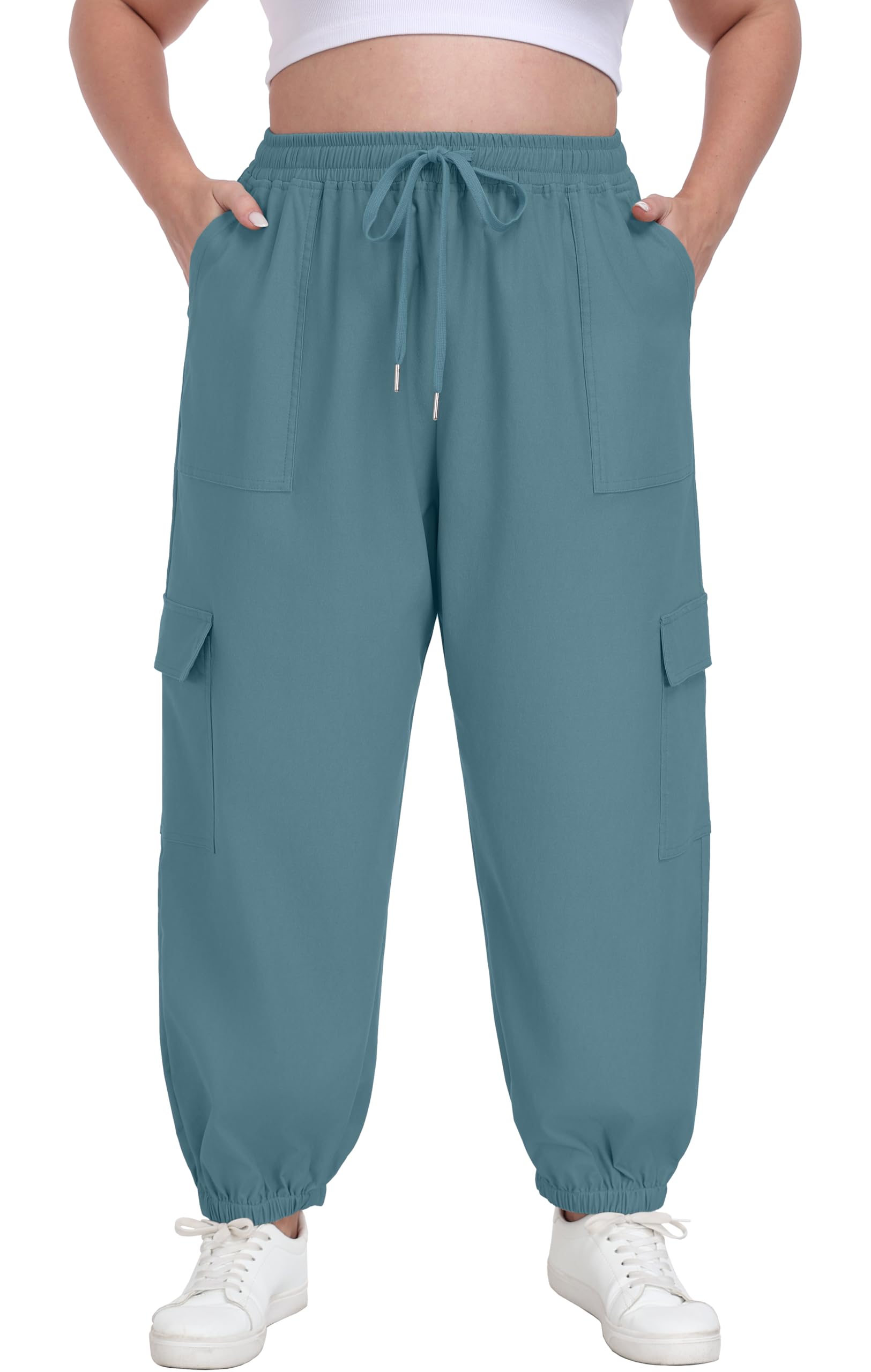 OLRIK Plus Size Cargo Pants for Women Adjustable Drawstring Joggers Casual Loose Baggy Trousers with Pockets Gray Blue-4X