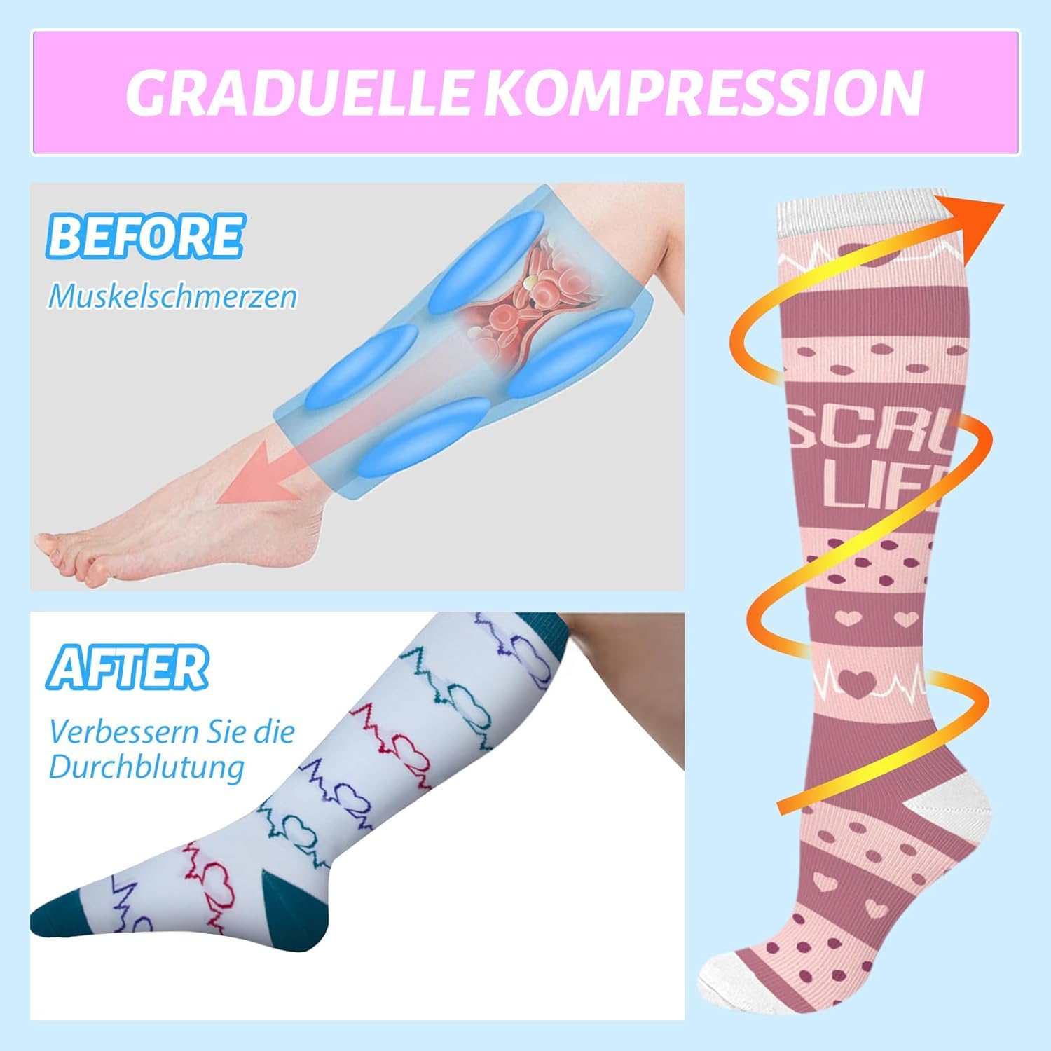 HIPOWER Lot de 5 paires de chaussettes de compression colorées pour homme et femme - Chaussettes de compression - Chaussettes de compression - Chaussettes de compression pour le vol, le cyclisme, les