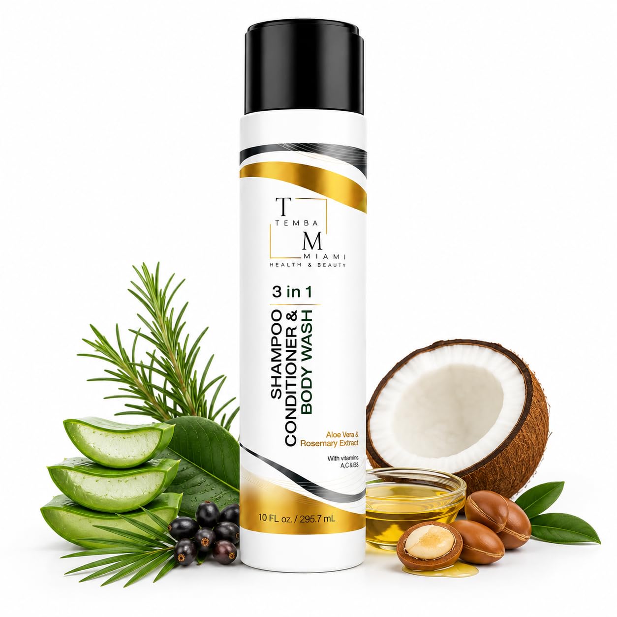 3 in 1 SHAMPOO/CONDITIONER/BODY WASH, with ALOE VERA, ARGAN & COCONUT OIL, ROSEMARY EXTRACT, CAMELLIA Leaf Extract, 10 FL oz.
