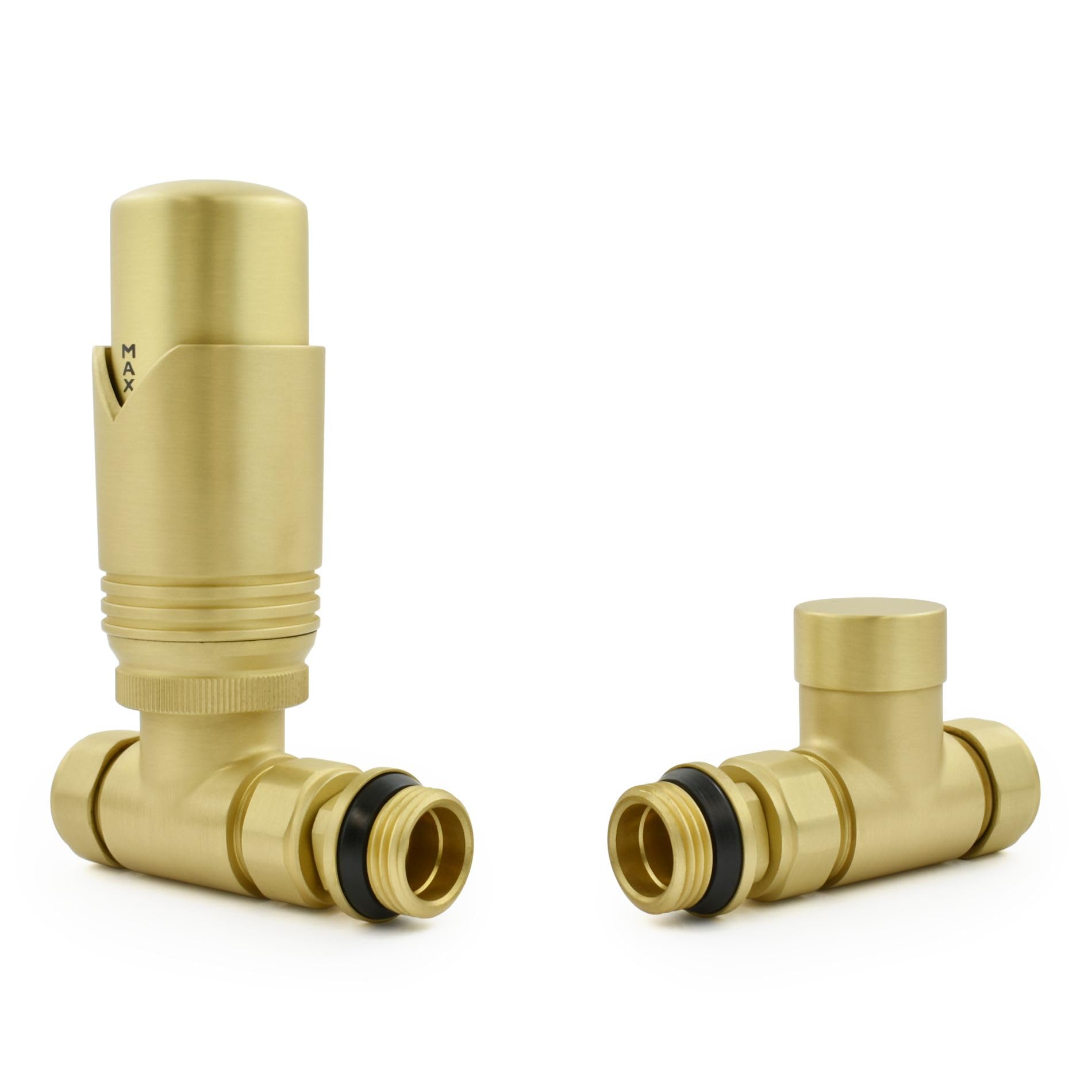Hot Flow Brushed Brass Marella 3 Modern Thermostatic Radiator Valve Straight TRV. Includes Straight TRV Body, Wheel Head & Lock Shield for Quick & Easy Temperature Control. — image 1