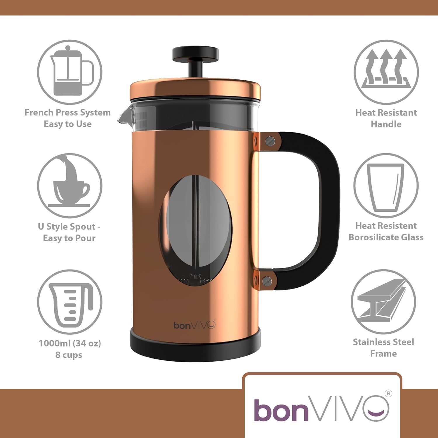 bonVIVO Cafetière à Piston 1L - French Press Inox et Verre Thermorésistant, Cafetiere Piston avec Filtres de Rechange, Cafetière Piston Design pour Café Savoureux - Finition Cuivre GAZETARO I