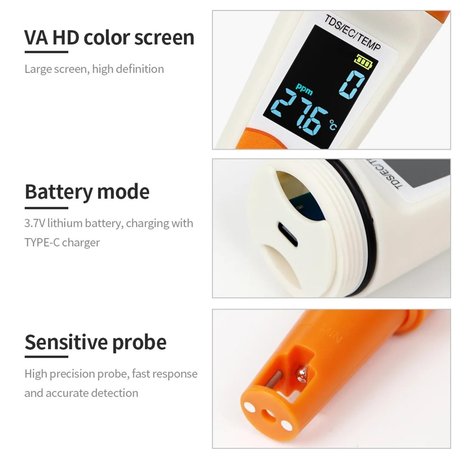 Tester di qualità Acqua Multifunzionale 3 in 1 vocale, rilevatore Digitale TDS EC, misuratore Temperatura for Piscine e acquari con retroilluminazione Alta precisione