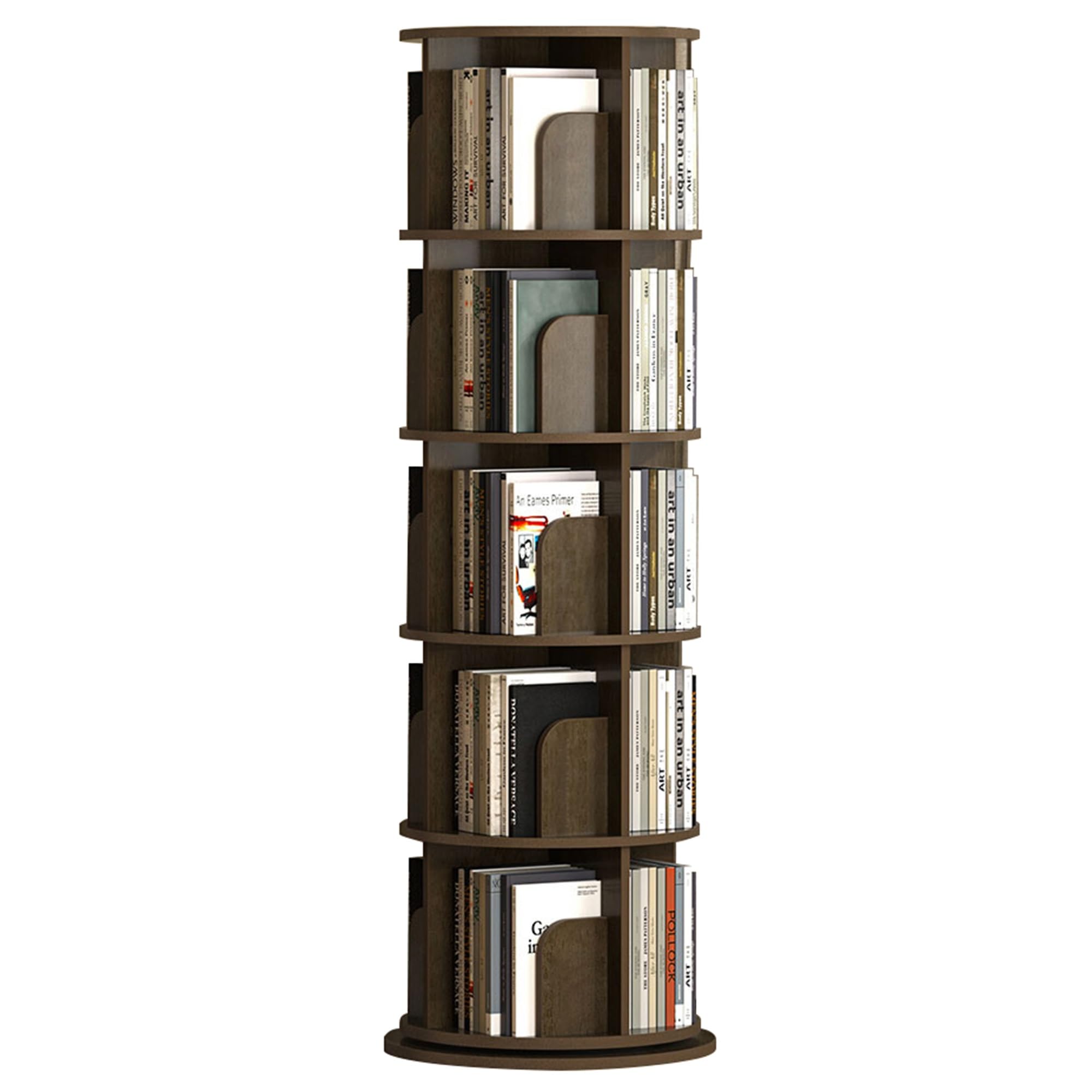 ASerZenith 360 Rotating Corner Bookshelf Storage Rack For Small Spaces Floor Standing Narrow Bookcase Organizer For Bedroom Or Living Room 3 Tier Display Shelf (Walnut 5Tier)