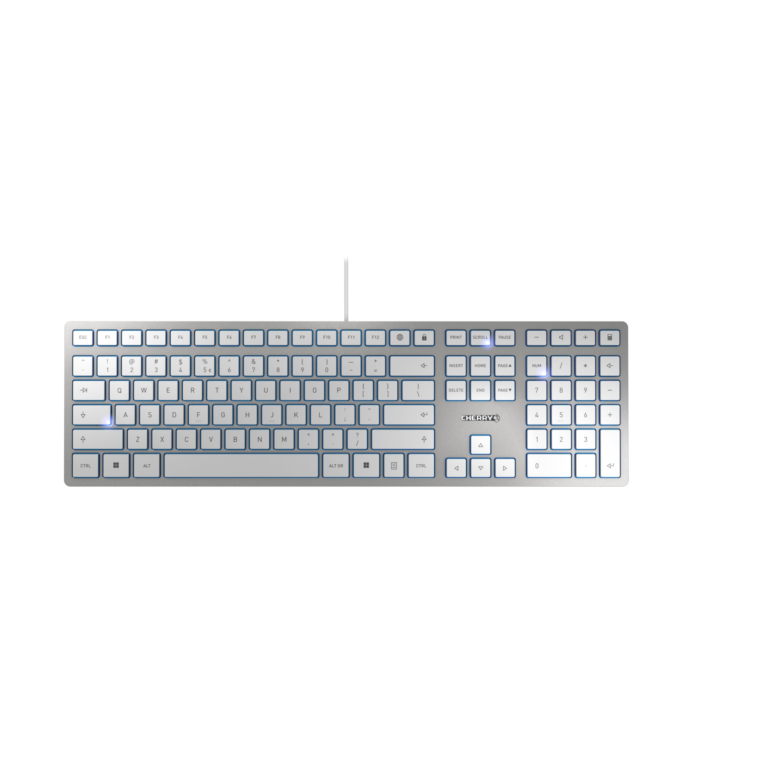 CHERRY KC 6000 SLIM, Tastiera di design Ultrapiatta, per l'Unione Europea QWERTY, Con Filo Porta USB-A, Tasti Silenziosi, Scritte a lunga Durata, Argento, EU - QWERTY