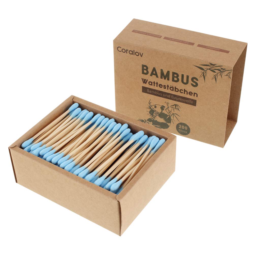 Bamboo Cotton Swabs - Coralov Paper stem Eco Friendly Wooden Cotton Buds Recyclable Packaging (1 PACK/200PCS / BLUE)