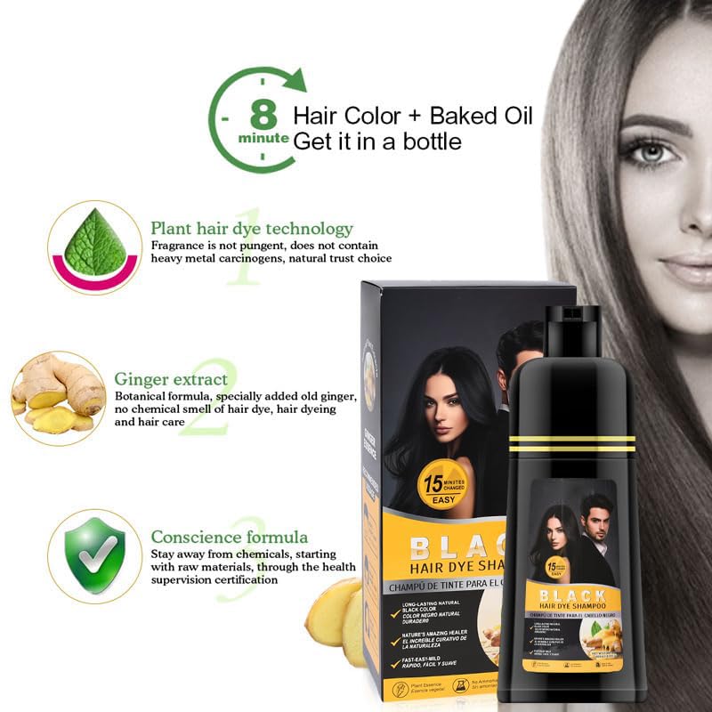 Gegong 500ml Ginger Black Hair Shampoo, Ginger Shampoo Fast Black Hair Hair Color Dye Nourishing, 2-in-1 Semi Permanent Shampoo Last 30 days,5 Minutes Finsh