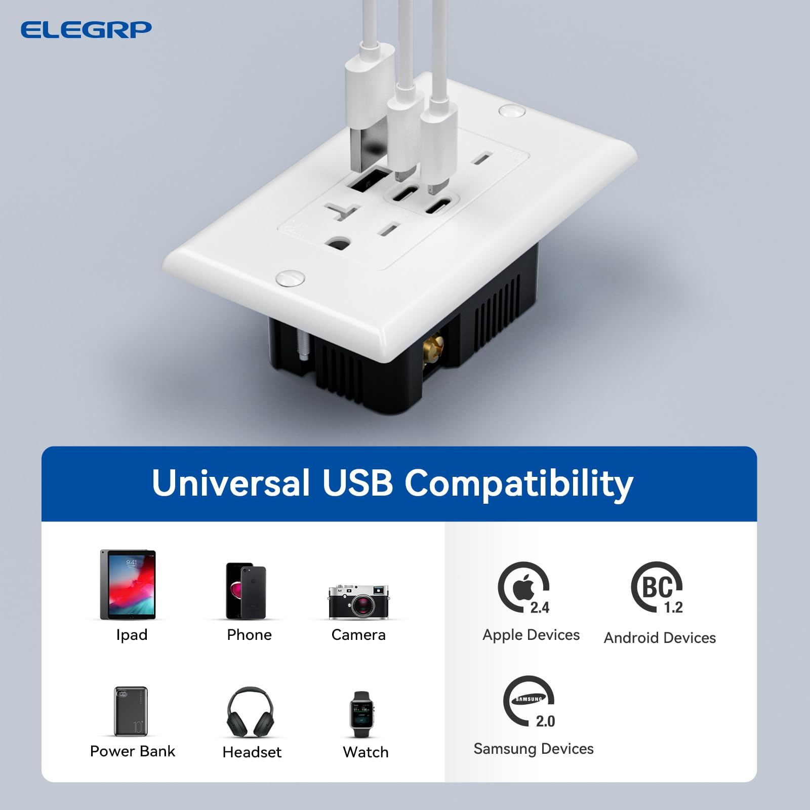 ELEGRP 2-Pack USB Outlet with 3 USB Ports -3 ELEGRP 2-Pack USB Outlet with 3 USB Ports -3