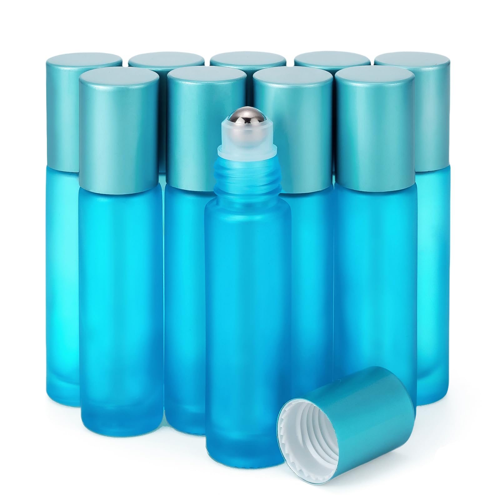 Glass Roller on Bottle, 10ml Refillable Essential Oil Bottle with Stianless Steel Ball, Pack of 10 (Light blue)