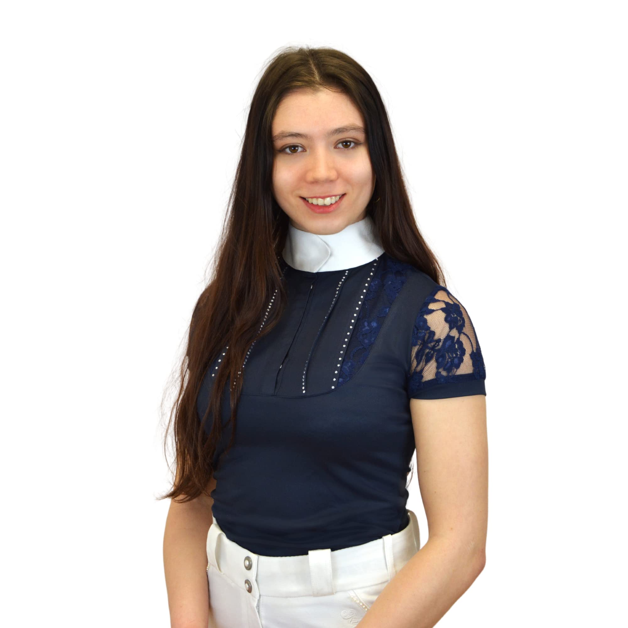 Start Patricia Turniershirt Damen – Kurzarm Reitshirt mit Spitze & Stehkragen – Atmungsaktive Turnierbluse für Reiten & Wettbewerb