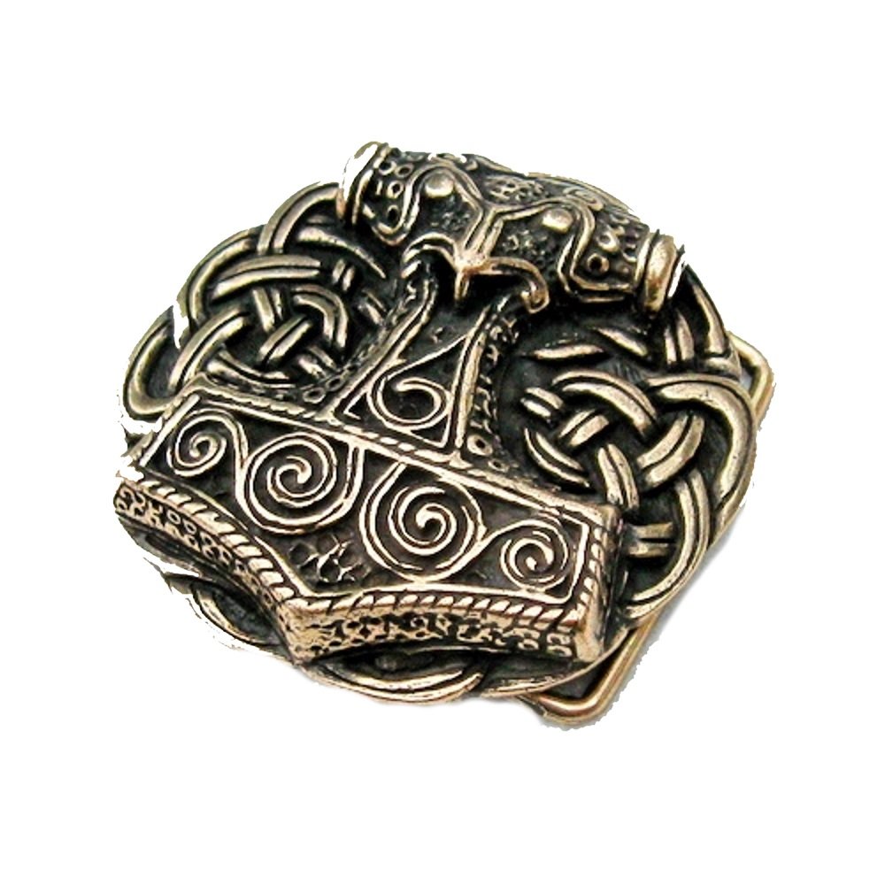 Pera Peris Belt Buckle for Belt - Thor's Hammer from Schonen - Viking - Thor - Odin - Hammer Buckle with Knot (Colour: Brass or Colour: Silver), brass, 6,0 cm