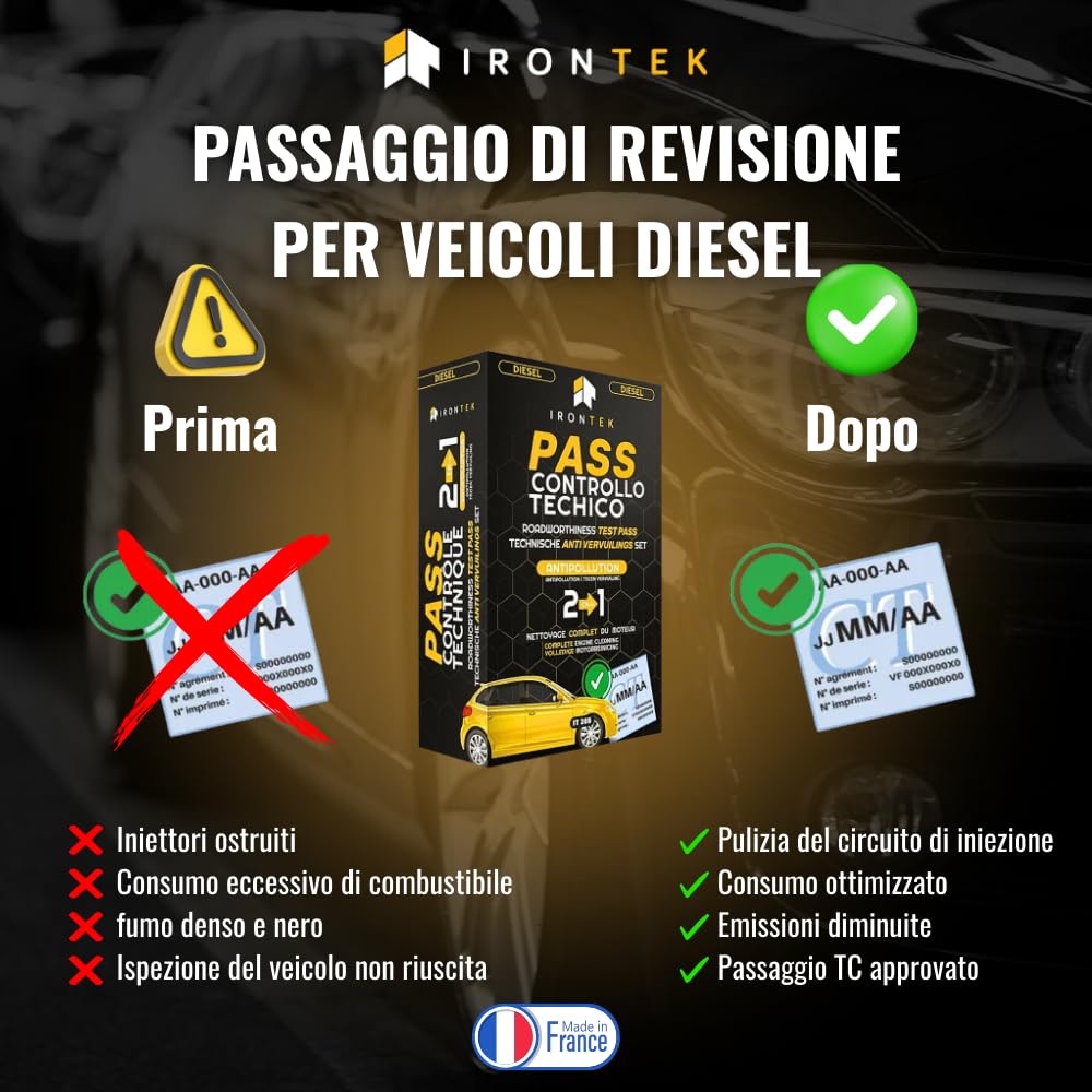 Kit Additivo Diesel Pass Controllo Tecnico - IRONTEK - 2x300ml | IT205 | Pulitore Iniettori | Trattamento Olio Motore | Riduce Emissioni | Azione in 300 km