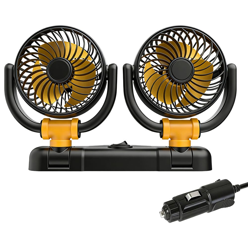Ventilatore per auto, 12 V, doppia testa, portatile, rotazione a 360°, silenzioso, a 2 velocità, con presa accendisigari, per camion, SUV, camper