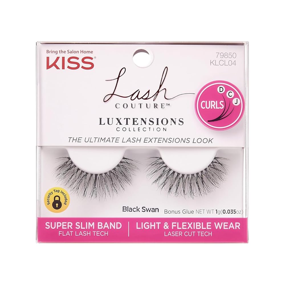 Lash Couture LuXtensions Collection 1 Pair of Fake Lashes, Black Swan, Light and Flexible Faux-Mink Eyelash with Super Slim Band includes Lash Glue