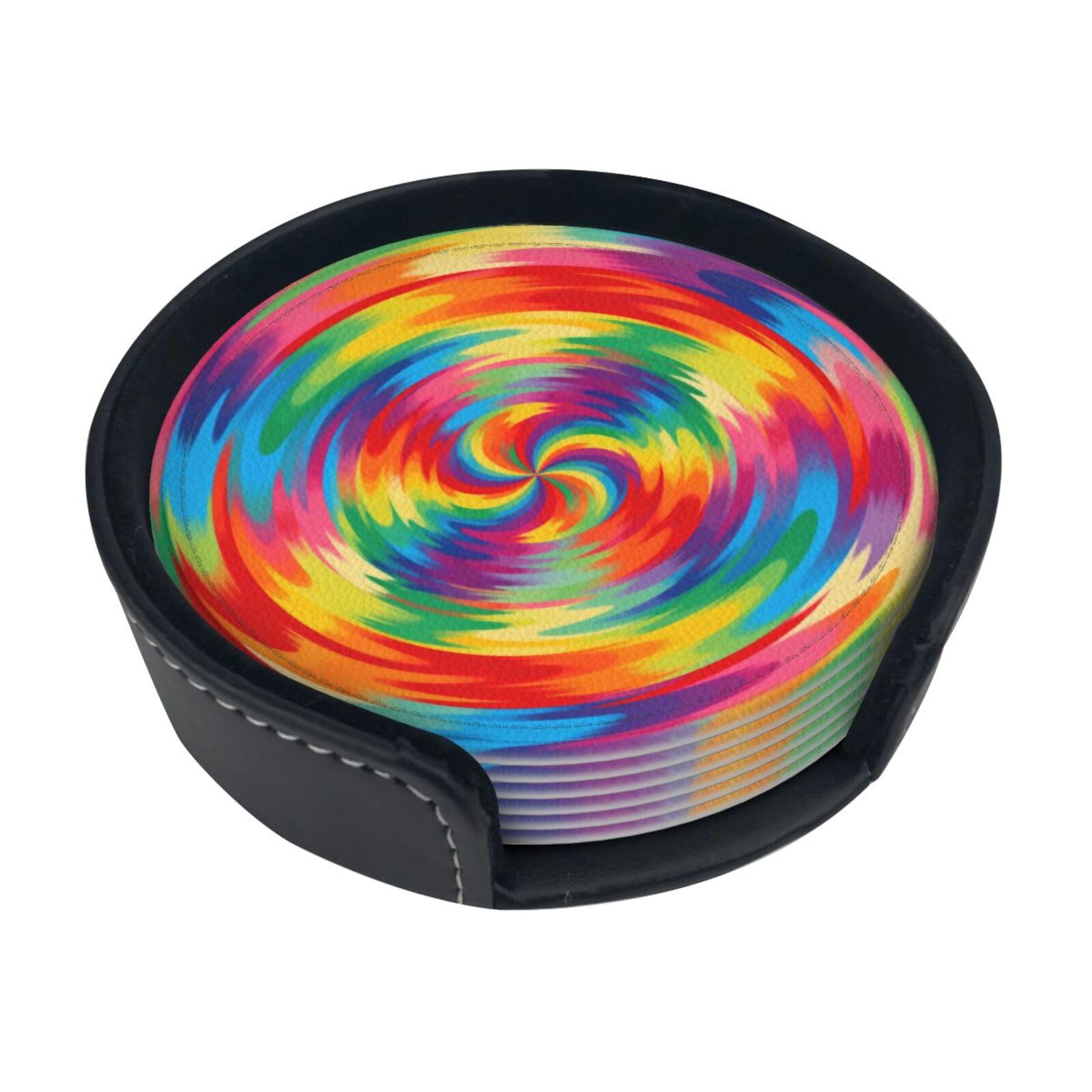 Cntdbu White Vortex Leather Coasters Set Of 6-Pu Leather Drink Mats For Table, Heat Resistant Round Coasters With Holder