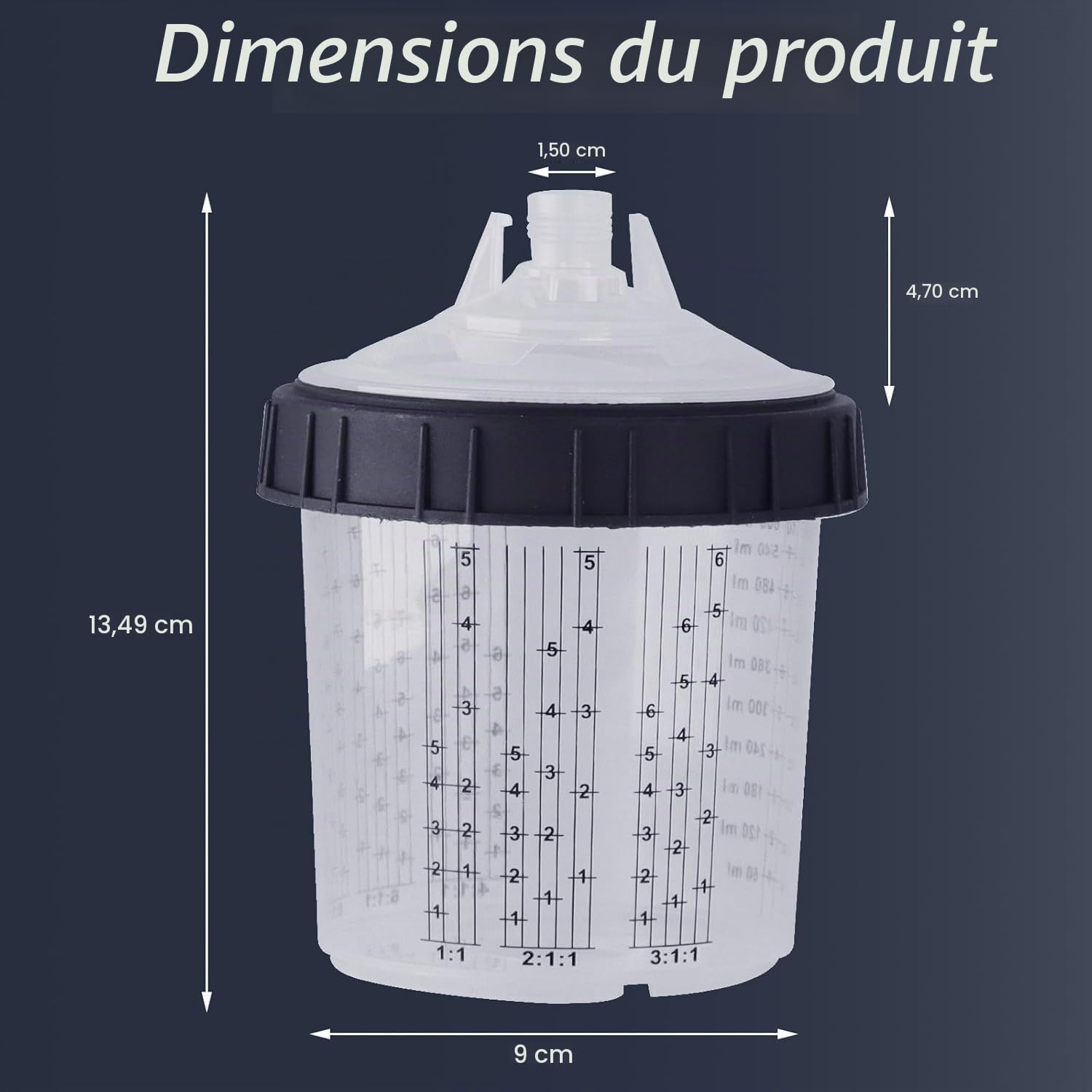 Gobelet Mélangeur de Pulvérisateur de Peinture, Gobelet Jetable pour Pistolet à Peinture HVLP, 50 Couvercles Jetables et Liner avec Graduation, 10 Bouchons (600ML)