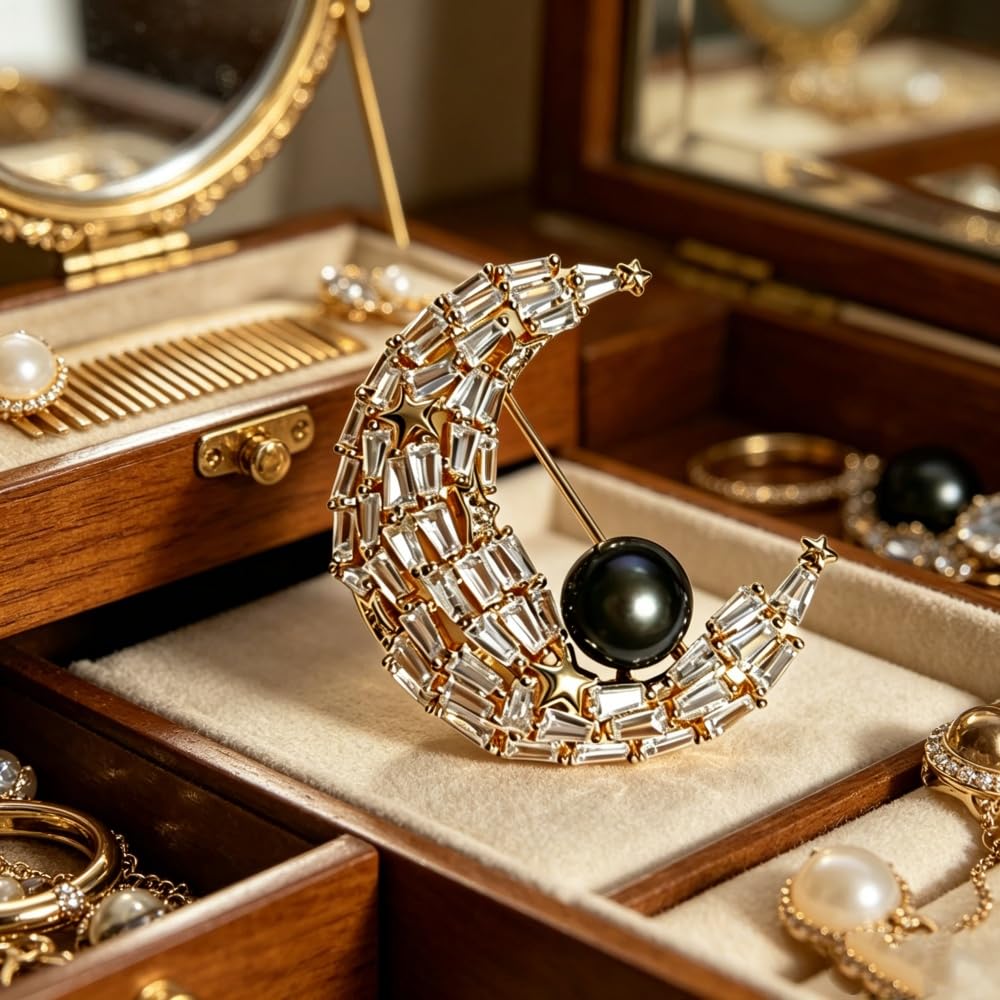 Broche de perlas de luna, combinado con incrustaciones de circonita tridimensional de lujo de perlas negras naturales, joyería elegante para bufandas, chaquetas, bodas y fiestas, viene con una caja de