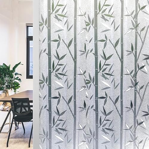 Baketron Bamboo Patterned Glass Window Film Privacy Sun Protection No Glue Anti Glare Anti UV Self Adhesive Opaque Window Film Sun Blocker Home Bathroom Office Kitchen 60 * 200cm