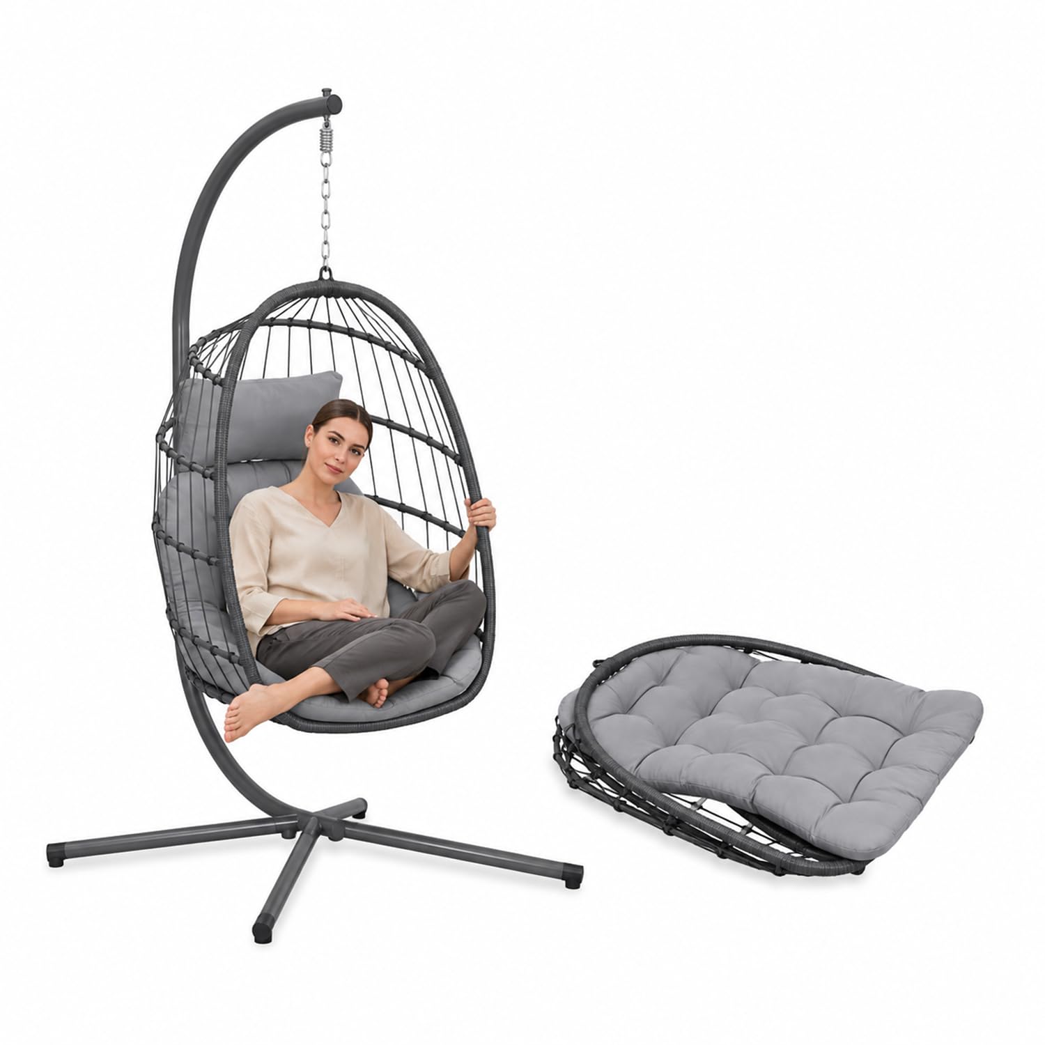 Poltrona Sospesa da Giardino a Uovo Pieghevole – Rattan Sintetico, Acciaio Zincato 192 cm, 160 kg | Sedia a Dondolo Sospesa con Cuscini Antracite, Interno ed Esterno, 75×10×103,5 cm chiusa