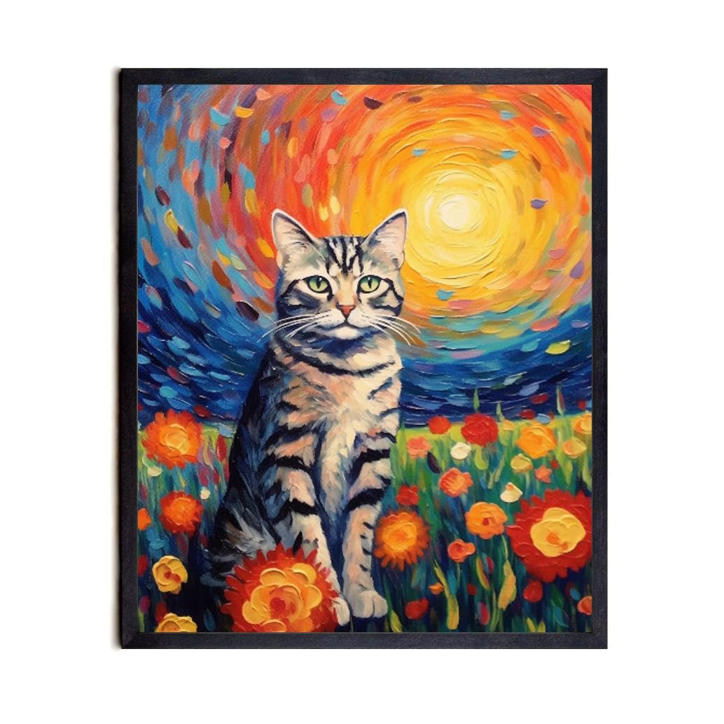 Bestbuddy Pet 11X14 Unframed Starry Night Van Gogh Inspired Cute Sitting American Shorthair Cat House Pet Friend Family Animal Clinic Oil Painting Art Print Poster Wall Decor AP181