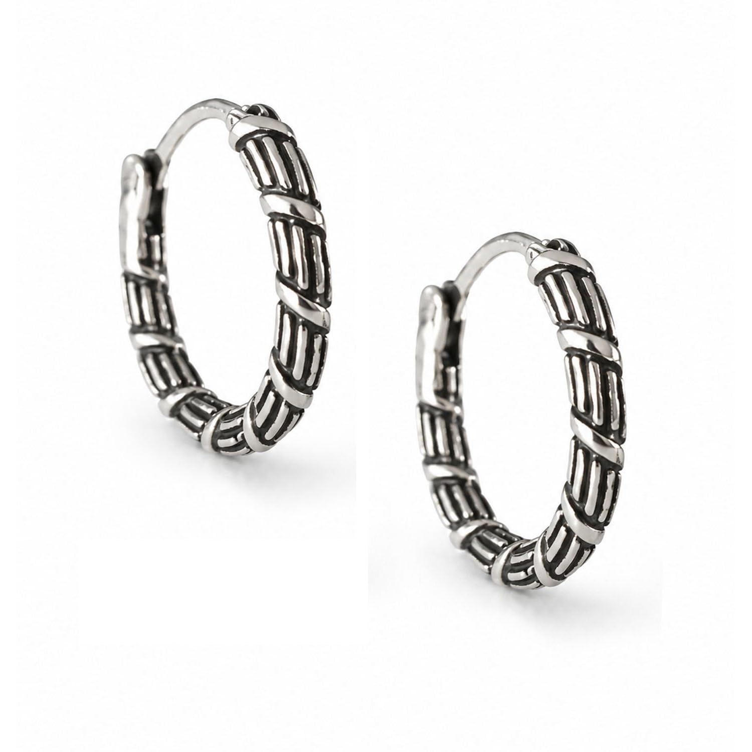 vama FASHIONS Silver Plated Stainless Steel Anti Tarnish Oxidized Hoop Earring Textured Metal Antique Ear Kaju Bali Hoops Waterproof Hypoallergenic Tribal Earrings For Boys-picture-2