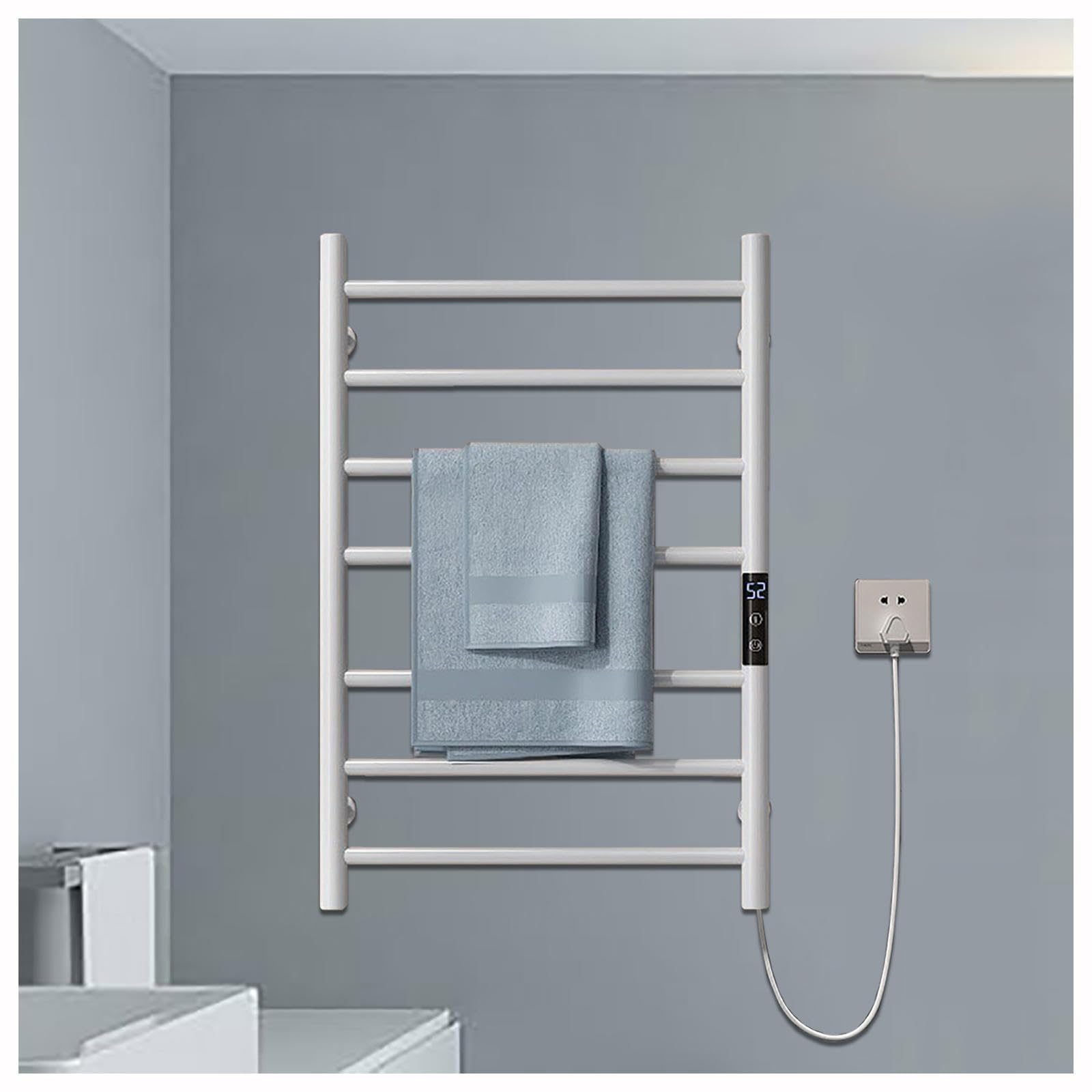 Scaldasalviette Elettrico, scaldasalviette Elettrico con Timer, Display LED, Controllo Temperatura costante, portasciugamani riscaldato a Parete con Spina/cablato, A-WHI