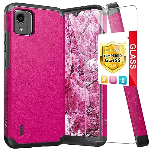 TJS Compatible for Nokia C110 N156DL Case, with Tempered Glass Screen Protector Dual Layer Hybrid Magnetic Support Shockproof Protection Cover Phone Case (Pink)