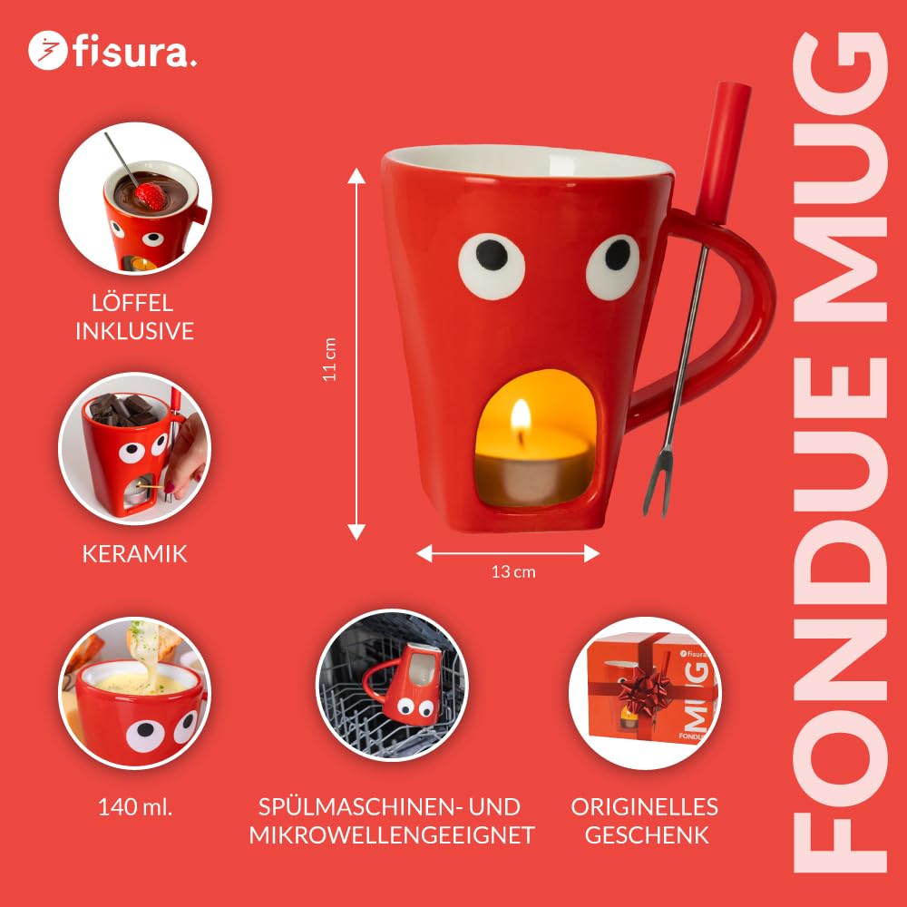 Fisura - Fondue Tasse für Schokolade und Käse, rote Keramiktasse 140 ml mit Gabel, originelle Geschenkidee mit Augenmuster, dekorative Fondue Schale für Naschkatzen und Feinschmecker
