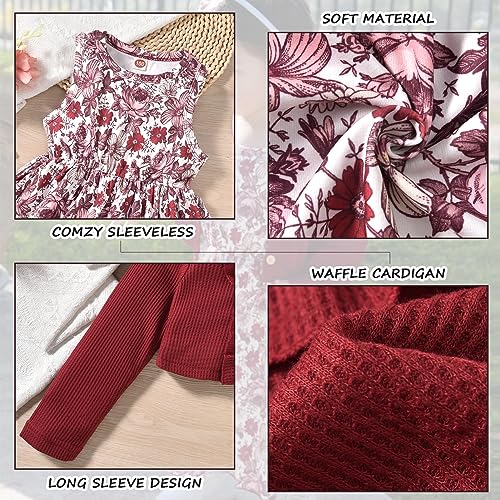 HINTINA Toddler Little Girls Dress And Cardigan Sets 2 Piece Floral Print Sleeveless Dress and Long Sleeve Cardigan Set4