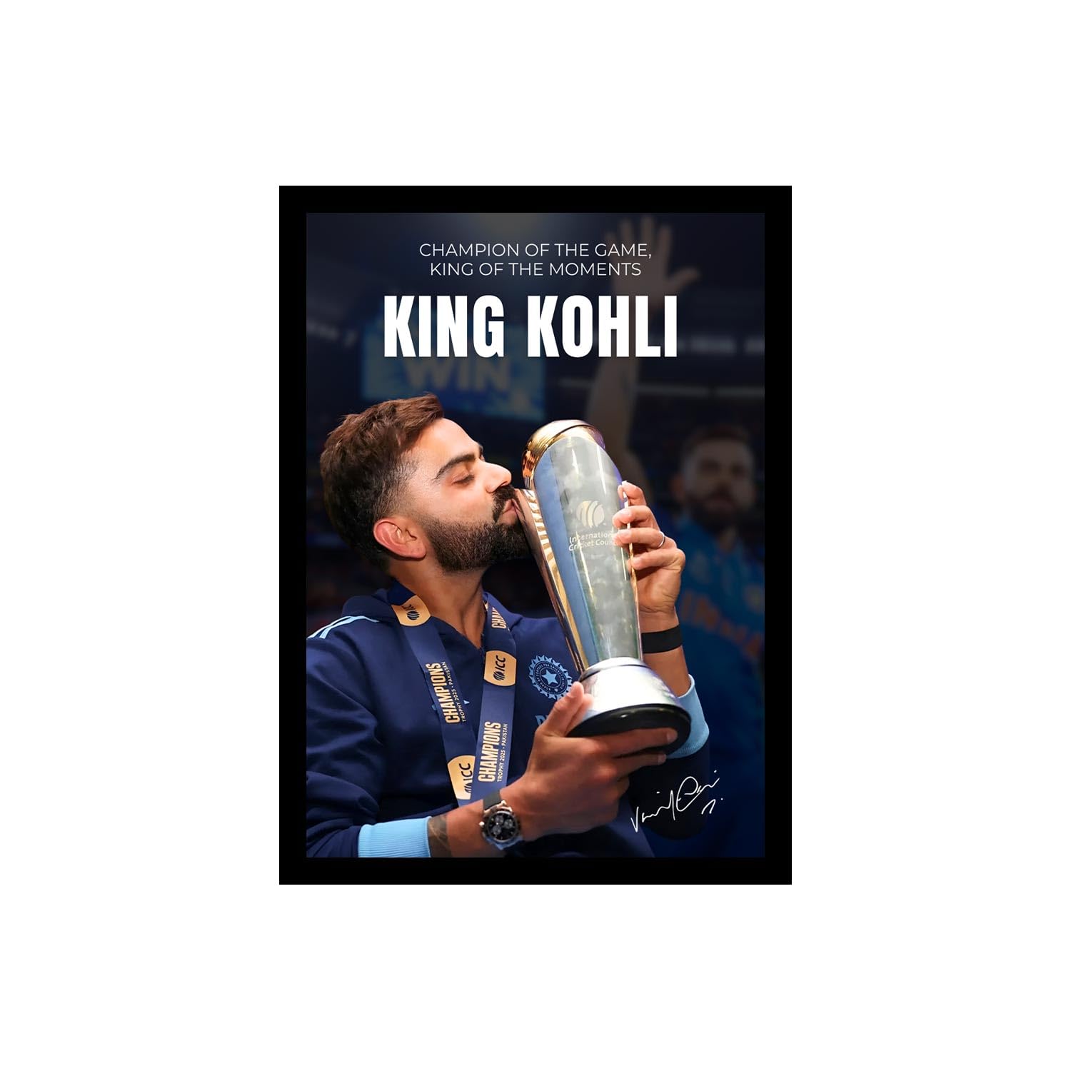 BLINKART Virat Kholi Kissing World Cup Trophy Victory || Indian Cricketers Photo Frame|| Posters for Wall Player Sports Room Decoration || Sports Room Decor & Gift for Fans, Boys (12x8 Inch) CR01
