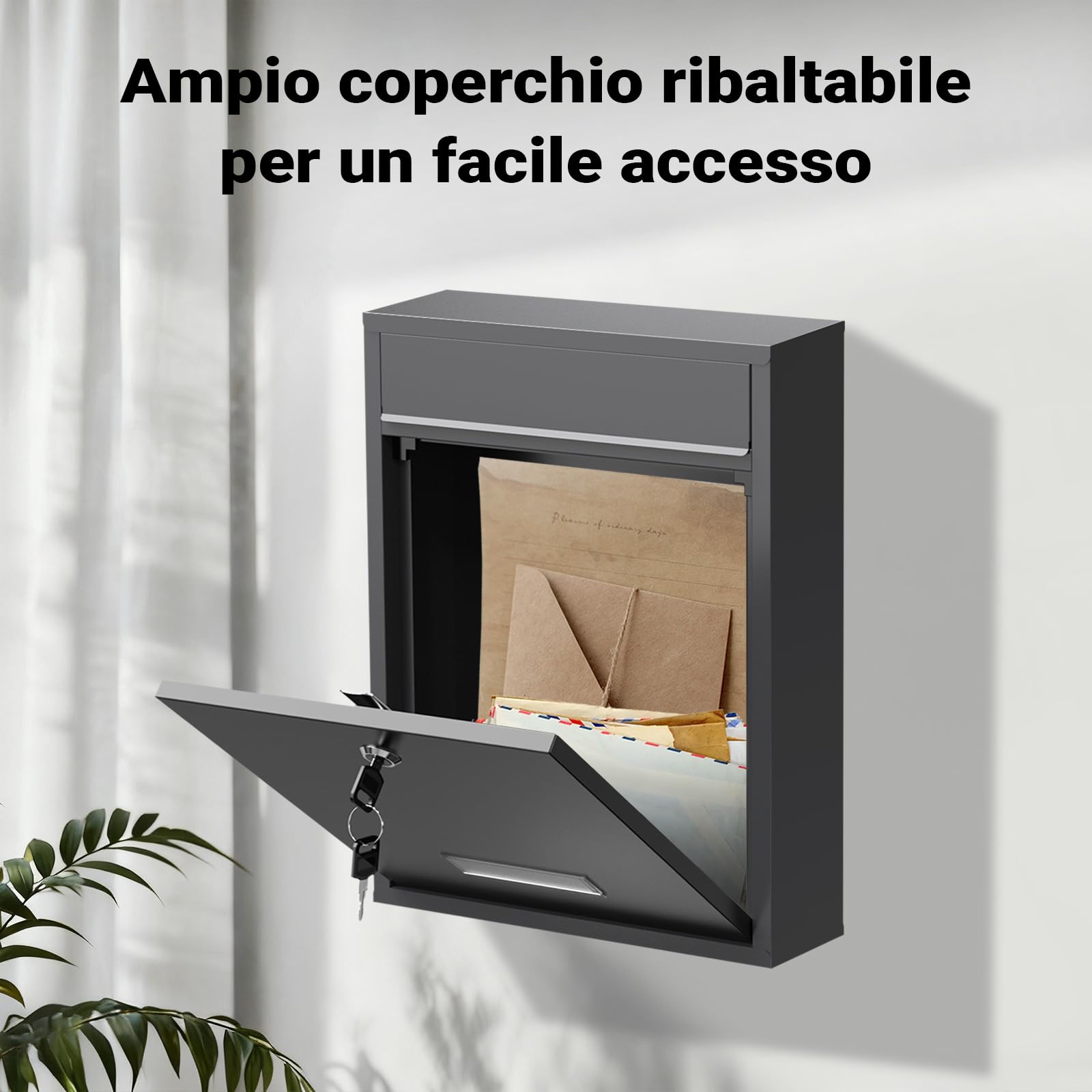 Wiltec Cassetta postale singola V10, verniciatura a polvere antracite, con vetrino portanome