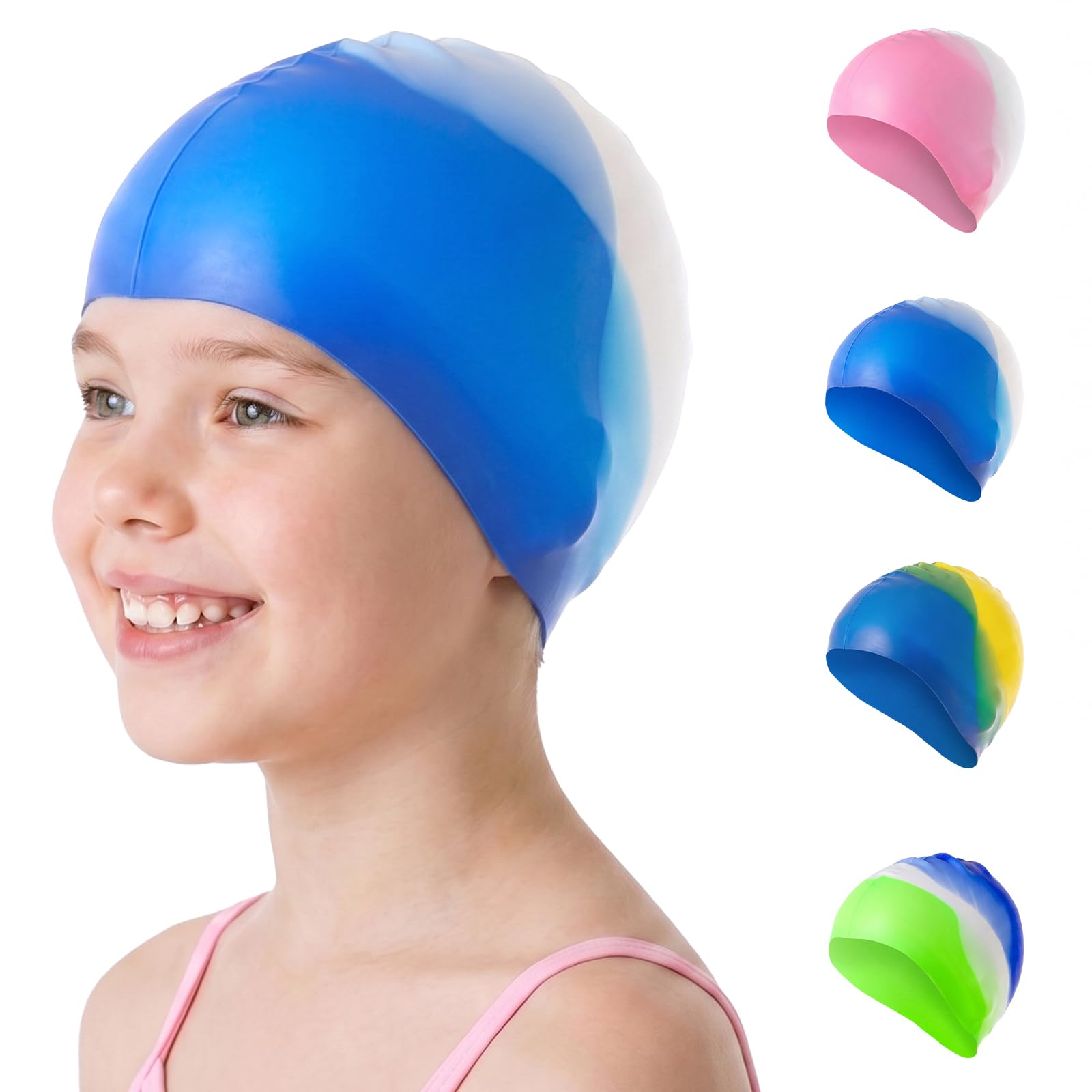 OSDUE Silicone Swimming Caps for Kids, Swim Hats for Boys Girls 4–12 Years, Anti-Slip, Stretchable, Waterproof No Pull Hairs Swimming Hat Swim Cap for Long and Short Hair