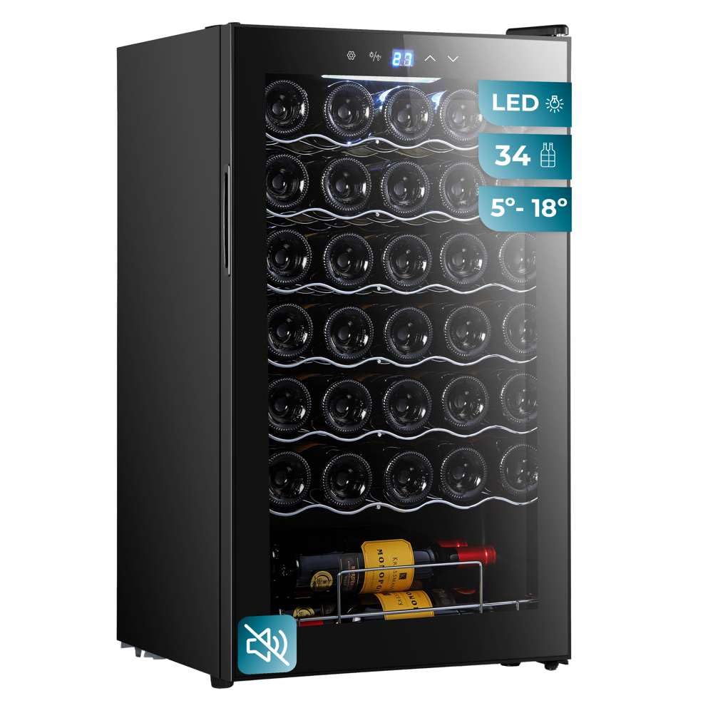 Cecotec Vinoteca de 34 Botellas con Compresor Bolero GrandSommelier 34030 Black Compressor Essential. 80L de Capacidad, Temperatura regulable, Luz LED interior, Panel Táctil