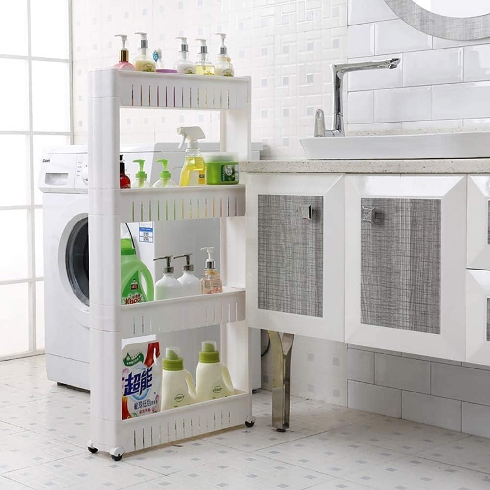 bakaji Slim Slide Space Saver Storage Kitchen Trolley Bathroom Utility 4 Shelves and 4 Wheels, Shelf Multi-Purpose Organiser Moving Wall Cabinets Tower Trolley with Wheels
