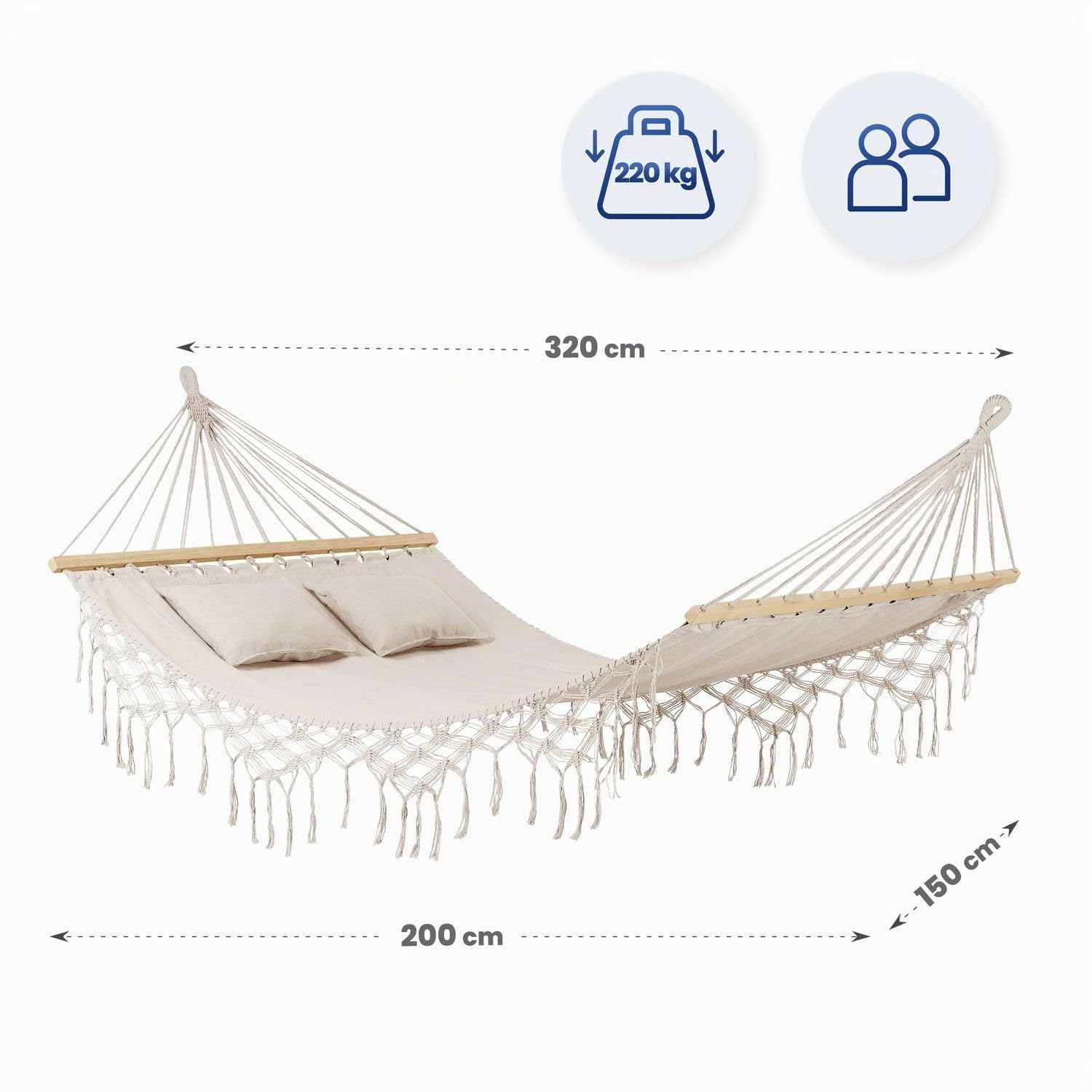 Hamac Boho - 200x150 cm, Jusqu'à 220 kg - pour Extérieur, Jardin et Balcon