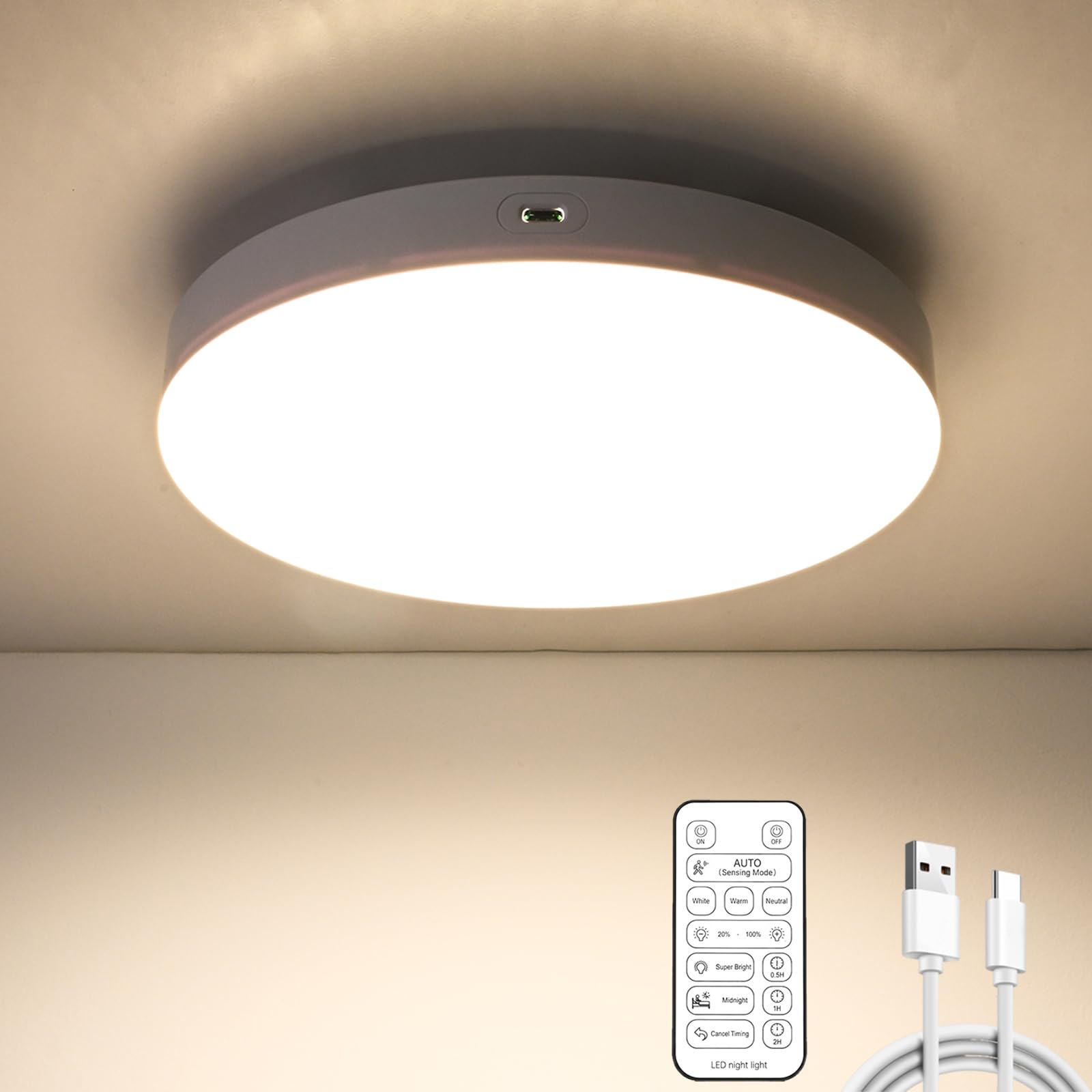 Motion Sensor Ceiling Light,10000mAh Battery Operated Wireless LED Ceiling Light with Remote,3 Colors Dimmable&Timer Sensor Lights for Shed Loft Porch Toilet Garage Stair Hallway Cupboard（19.5 cm）