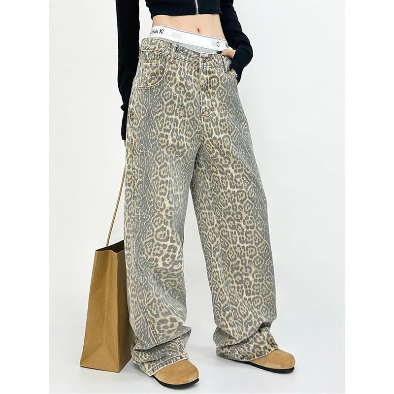 YELLOOP Leopard Print Jeans Y2k Jeans Leopard Jeans Grunge Y2k Pants Womens Baggy Jeans 2000s Leopard Pants2