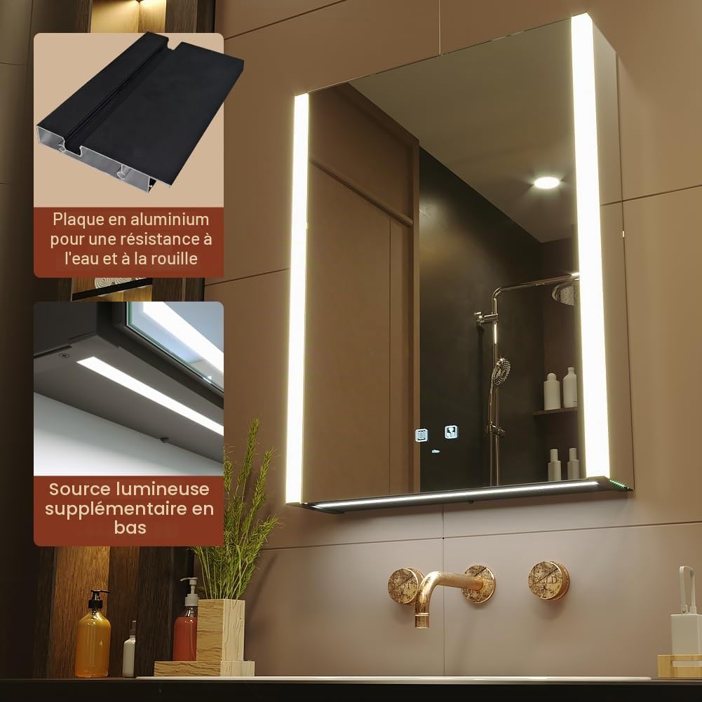KWW LED éclairage Salle de Bains Armoire à Pharmacie avec Miroir, Température de Couleur réGlable, Anti - Buée Gradateur, Prise et USB, Armoire à Pharmacie Miroir Mural (Charnière gauche-55×70)