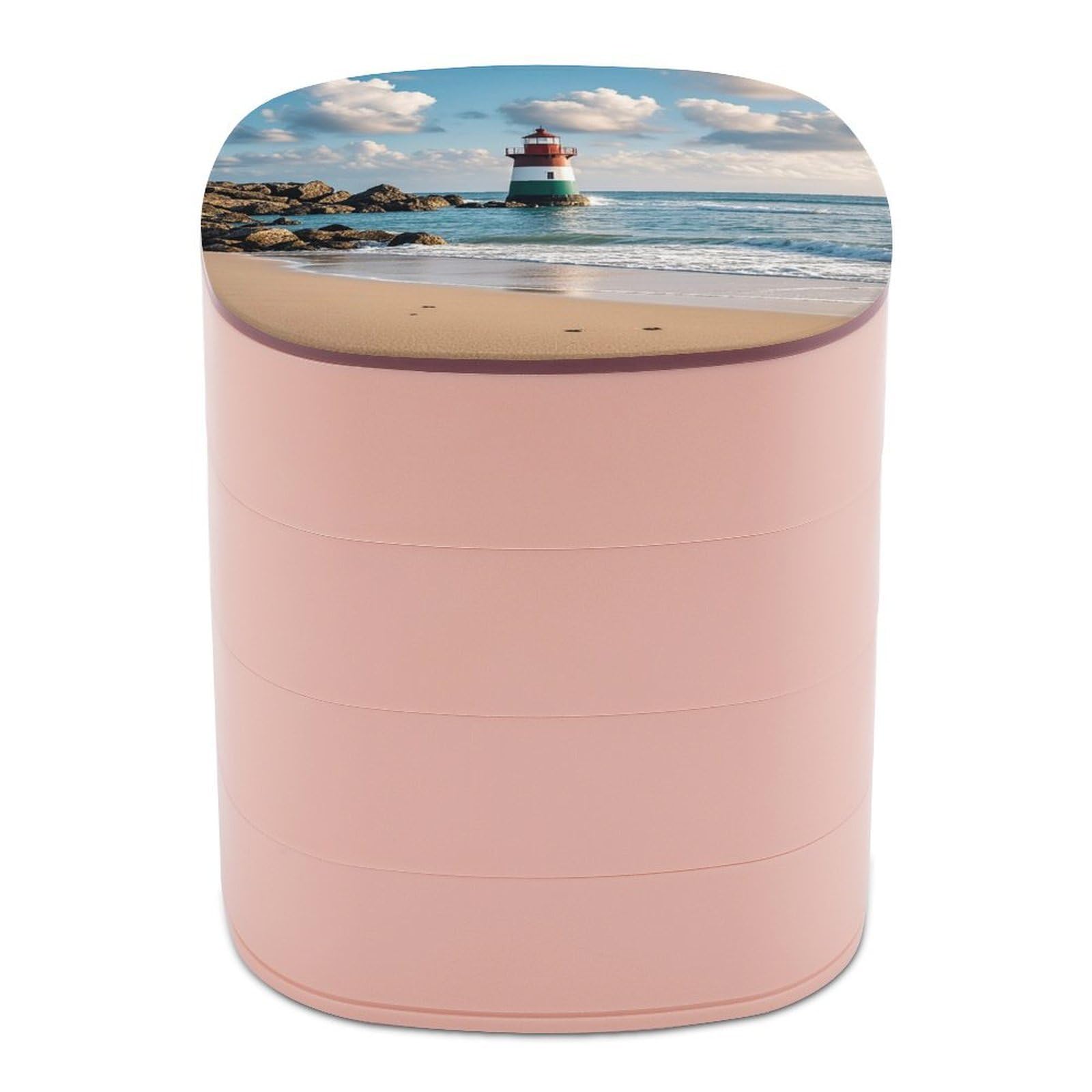 LZQPOEAS Sea Lighthouse Sandbeach Jewelry Box with Mirror 4-Layer Rotating Travel Jewelry Case Small Jewelry Organizer Portable Jewelry Storage Box Rings Stud Necklaces Earring Holder for Women