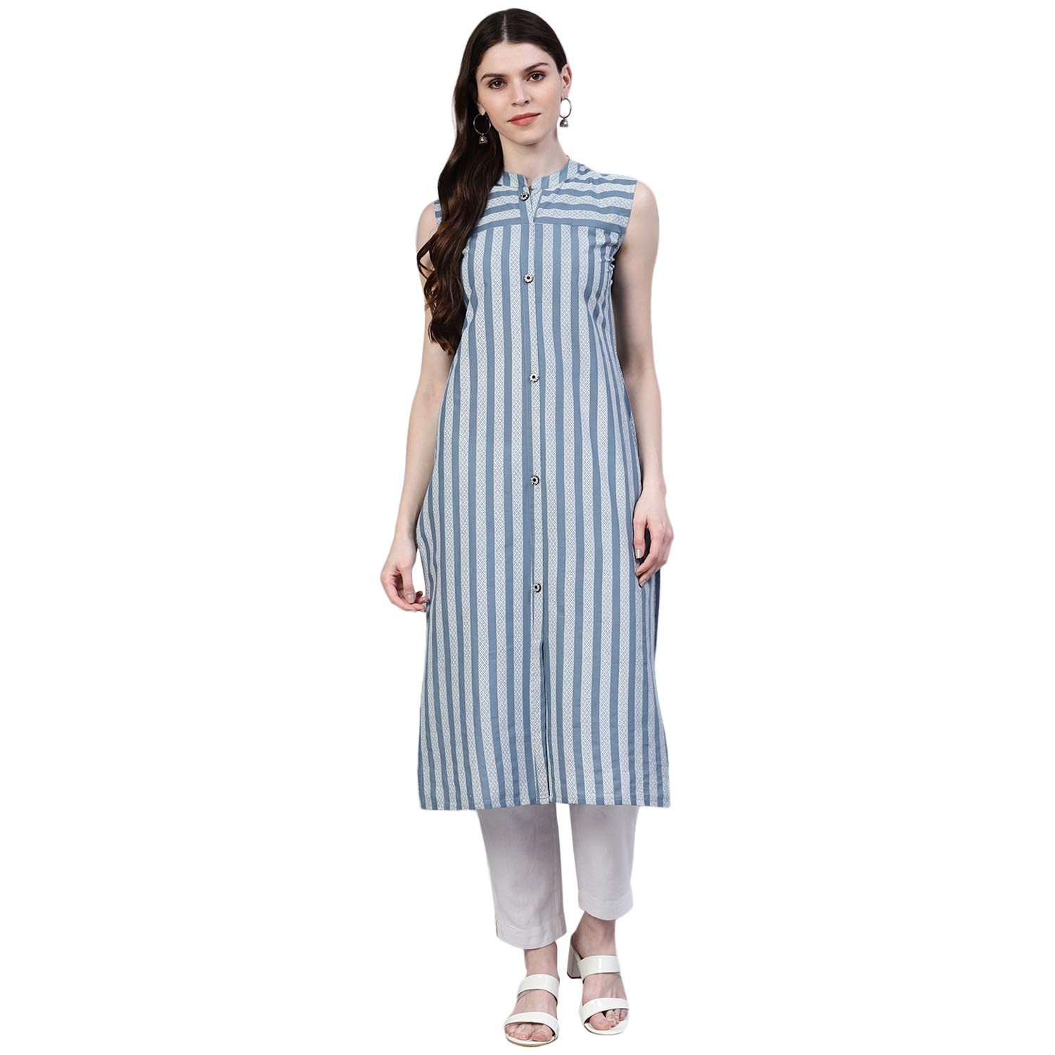 Stylum Women's Striped Cotton Straight Kurta (Sologrey34_Grey, Xs)