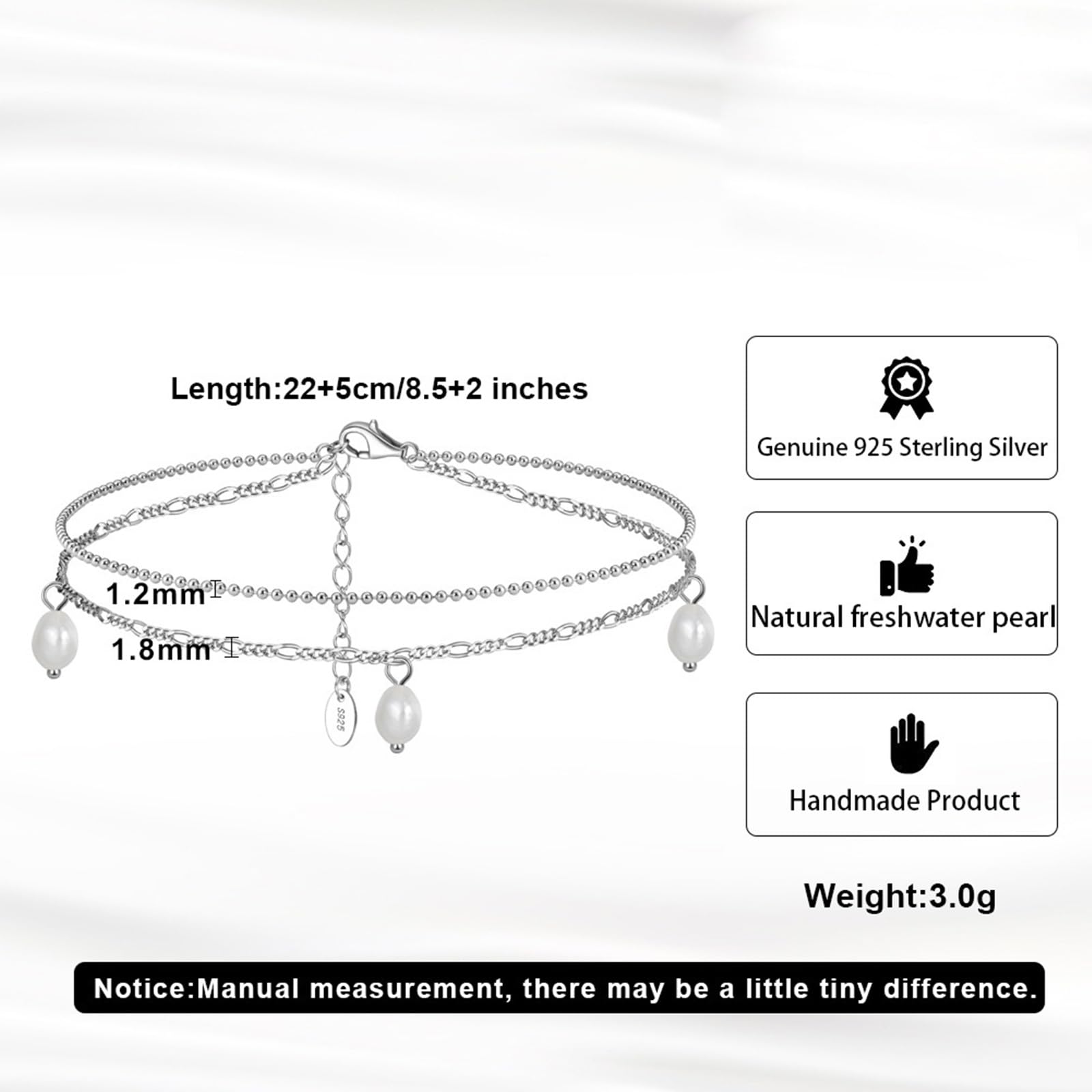 Cavigliera in Argento 925 Donna, Cavigliera Sexy Perlina A Doppio Strati con Perla Argento, Regolabile Fino a 27 cm - Bracciali alla Caviglia da Spiaggia Cavigliere per Donne