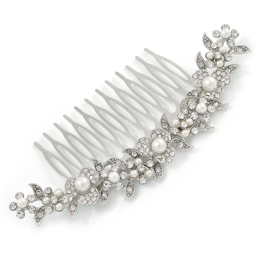 Pettine a motivo floreale con finte perle placcato al rodio con cristalli Swarovski trasparenti per matrimonio, promessa e festa, 110 mm