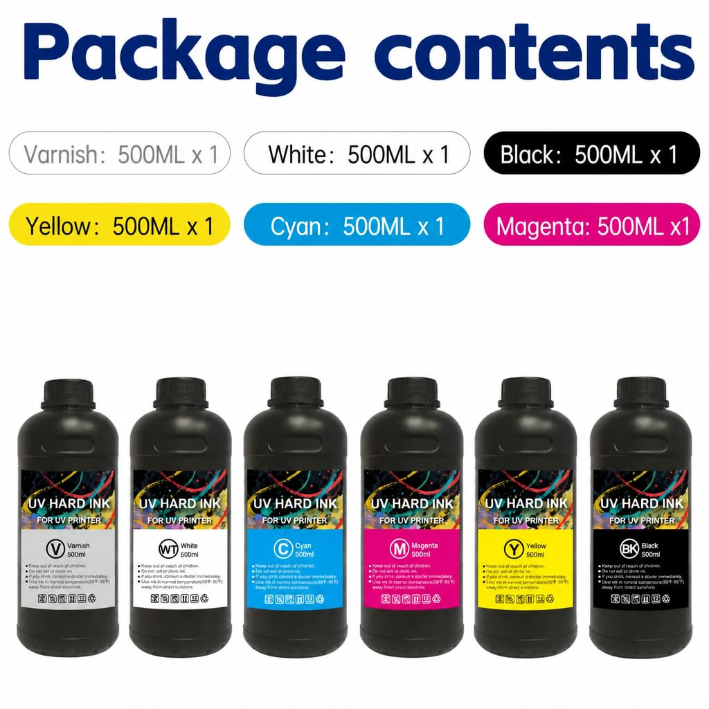 UV Hard Encre 500ml Hard UV Ink Compatible pour I3200 XP600 TX800 DX4 DX5 DX6 DX7 DX10 i1600 L805 1390 Tête d'impression pour Matériaux durs Acrylique, Bois,Verre etc（6 Pack）