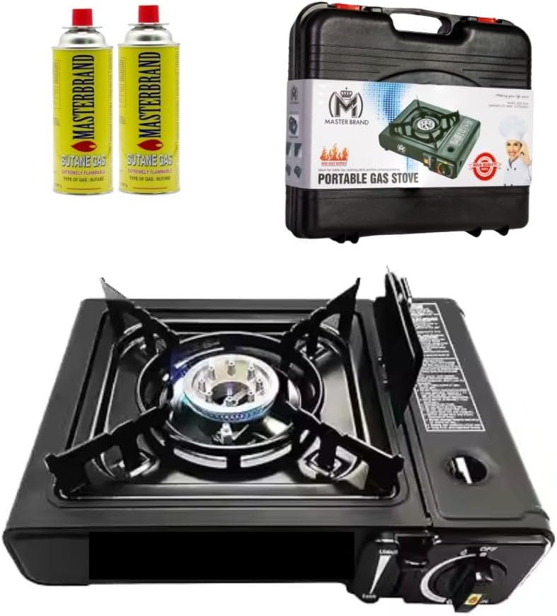 Portable Gas Stove with 2 Butane Canisters, Compact Outdoor Cooking Set for Camping, Hiking, Picnics
