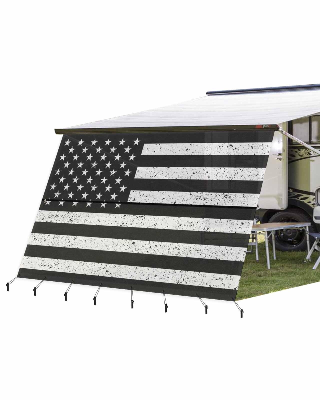 Black American Flag RV Awning Sun Shade Screen 9' x 13'3", Farmhouse Mesh RV Awning Shades Complete Kits, Retro Black USA Flag Sunlight Blocker Outdoor Canopy for Camping Trailer Motorhome