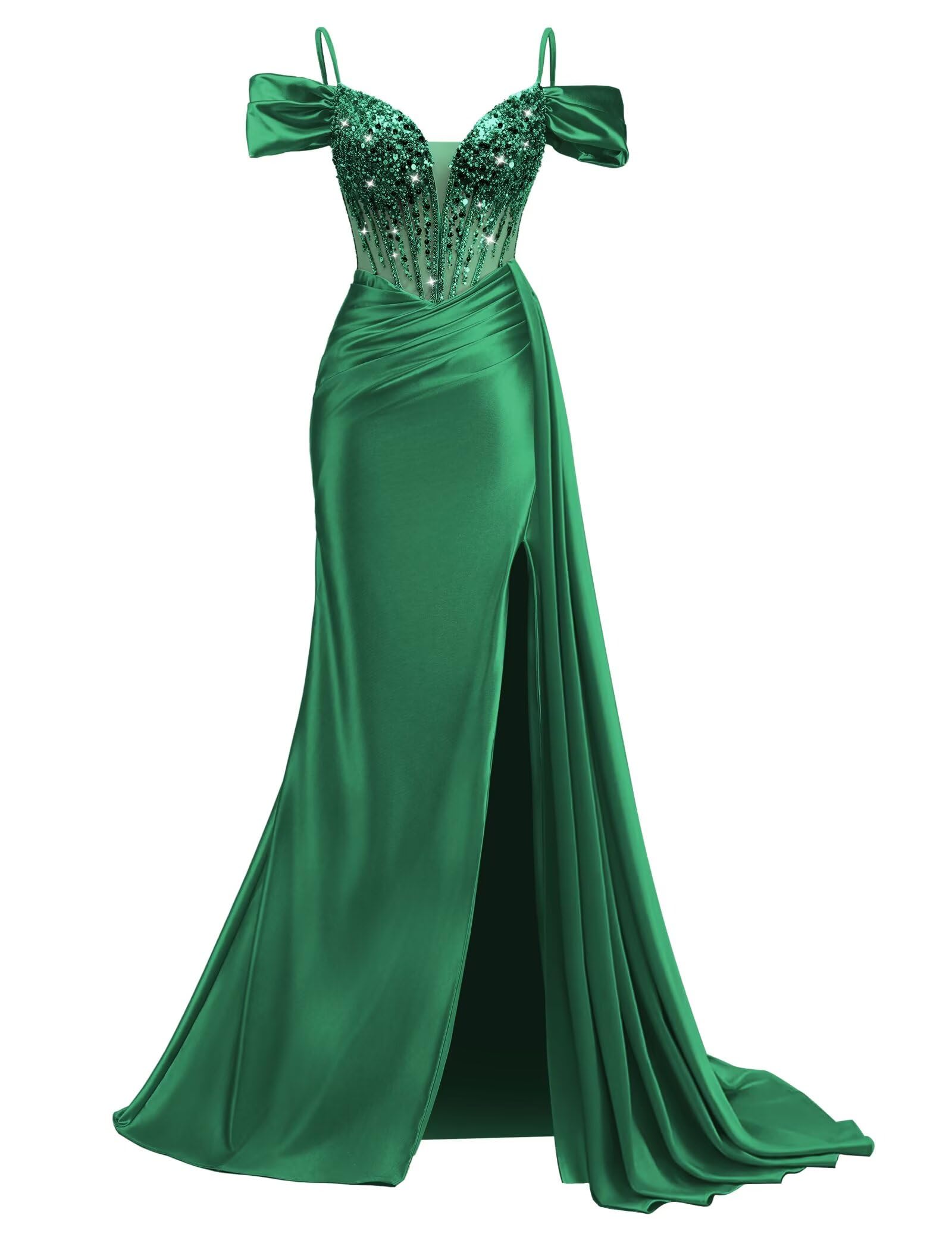 Rjer Off The Shoulder Satin Prom Dresses Long with Slit Tail 2026 Sequin Beaded Pleated Evening Ball Gown