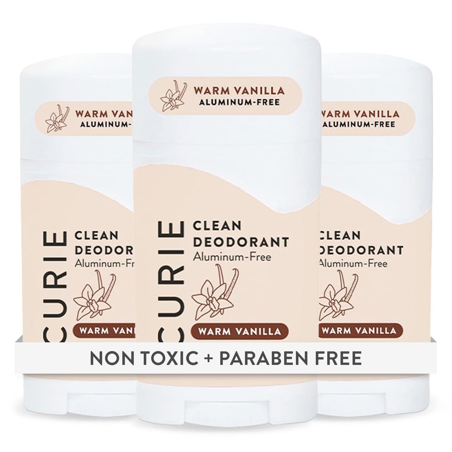 Curie Natural Deodorant for Women - Warm Vanilla - Aluminum Free, Clean, Sustainable, Vegan, Paraben Free (3pk)