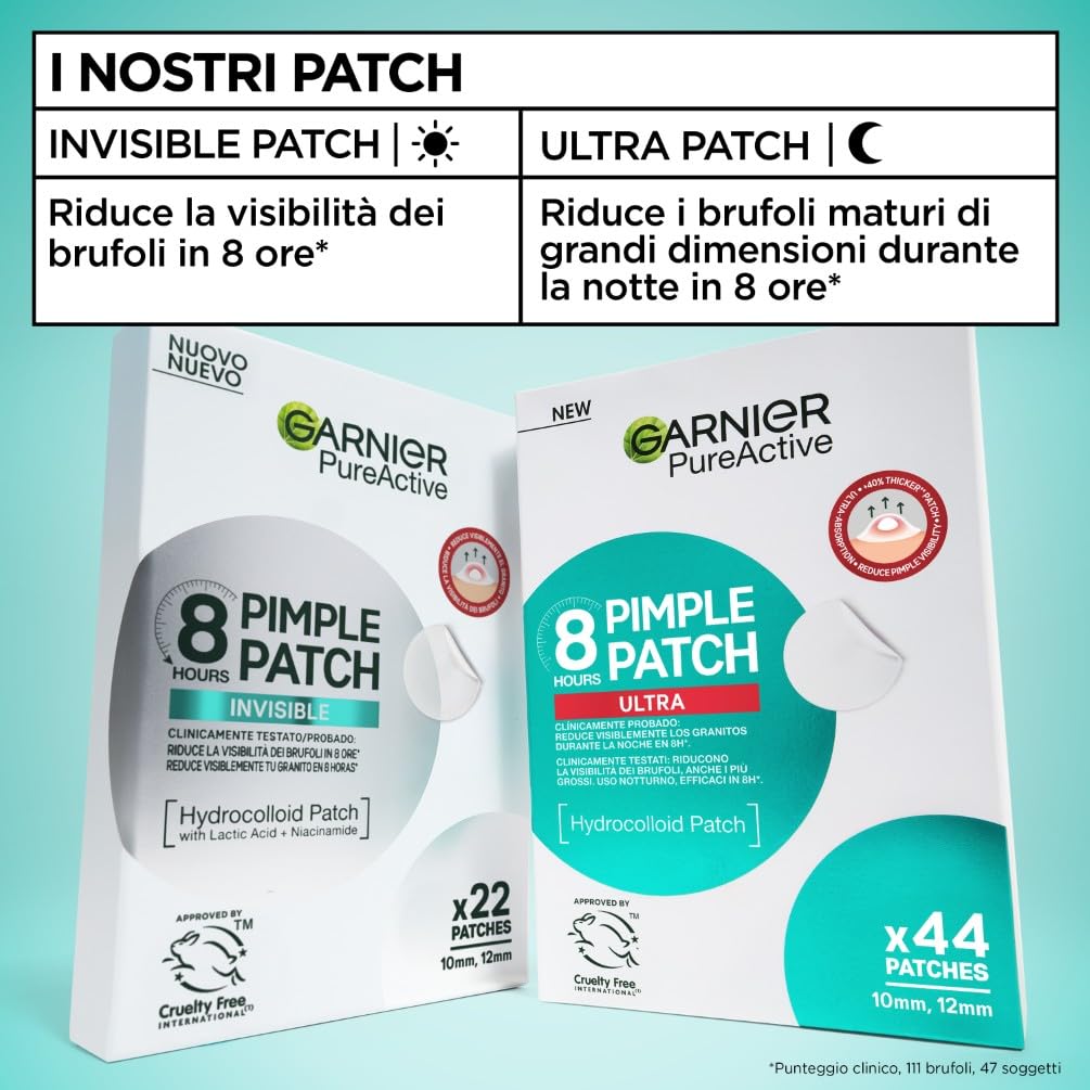 Garnier Pimple Patch Cerotti Idrocolloidali Invisibili Viso, Imperfezioni Ridotte in 8 Ore, Brufoli Visibilmente più Piatti, Adatti a Tutte le Tonalità di Pelle, Vegano, Pure Active, 44 Patch