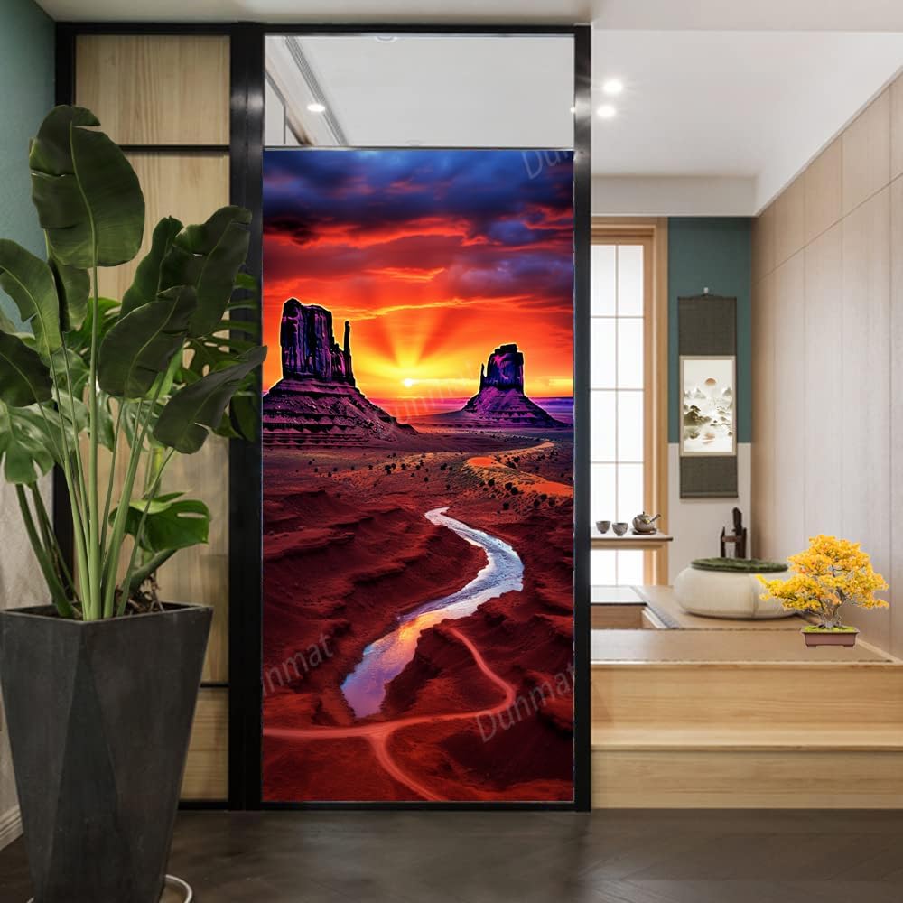 Fantasy Desert Stained Glass Window Film Beautiful Sky Sunset Monuments Privacy Window Film Glass Door Covering Non-Adhesive Window Stickers for Bathroom Kitchen 35.4Wx63L inch