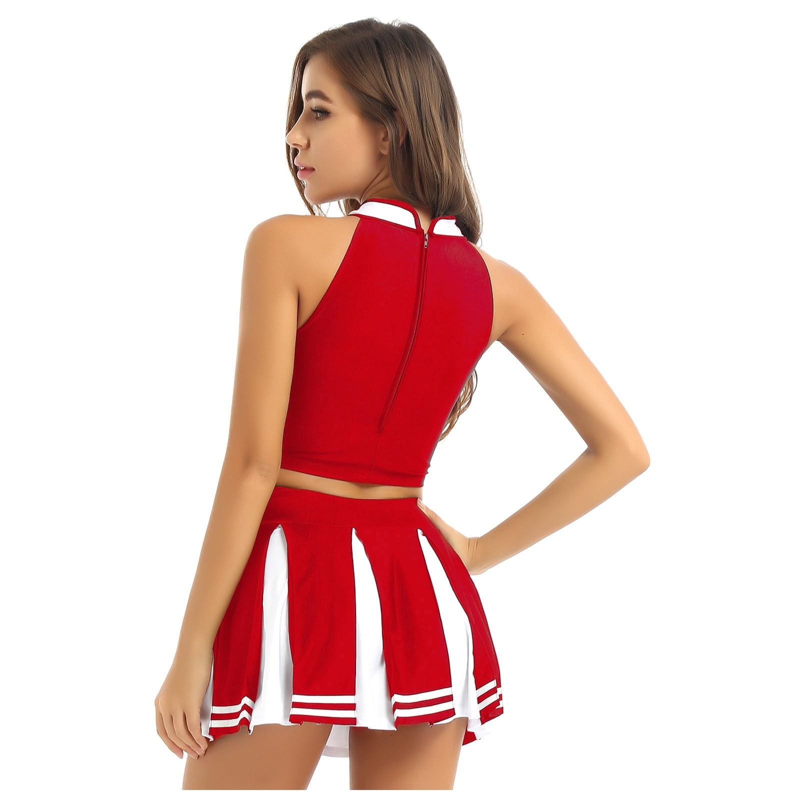 Cheerleader Kostüme Cheerleader-Kostüm for Damen mit glänzendem Strass, Cheerleading-Uniform, langärmelig, ausgehöhltes Bauchfreies Top und Skating-Rock, Tanz-Outfits