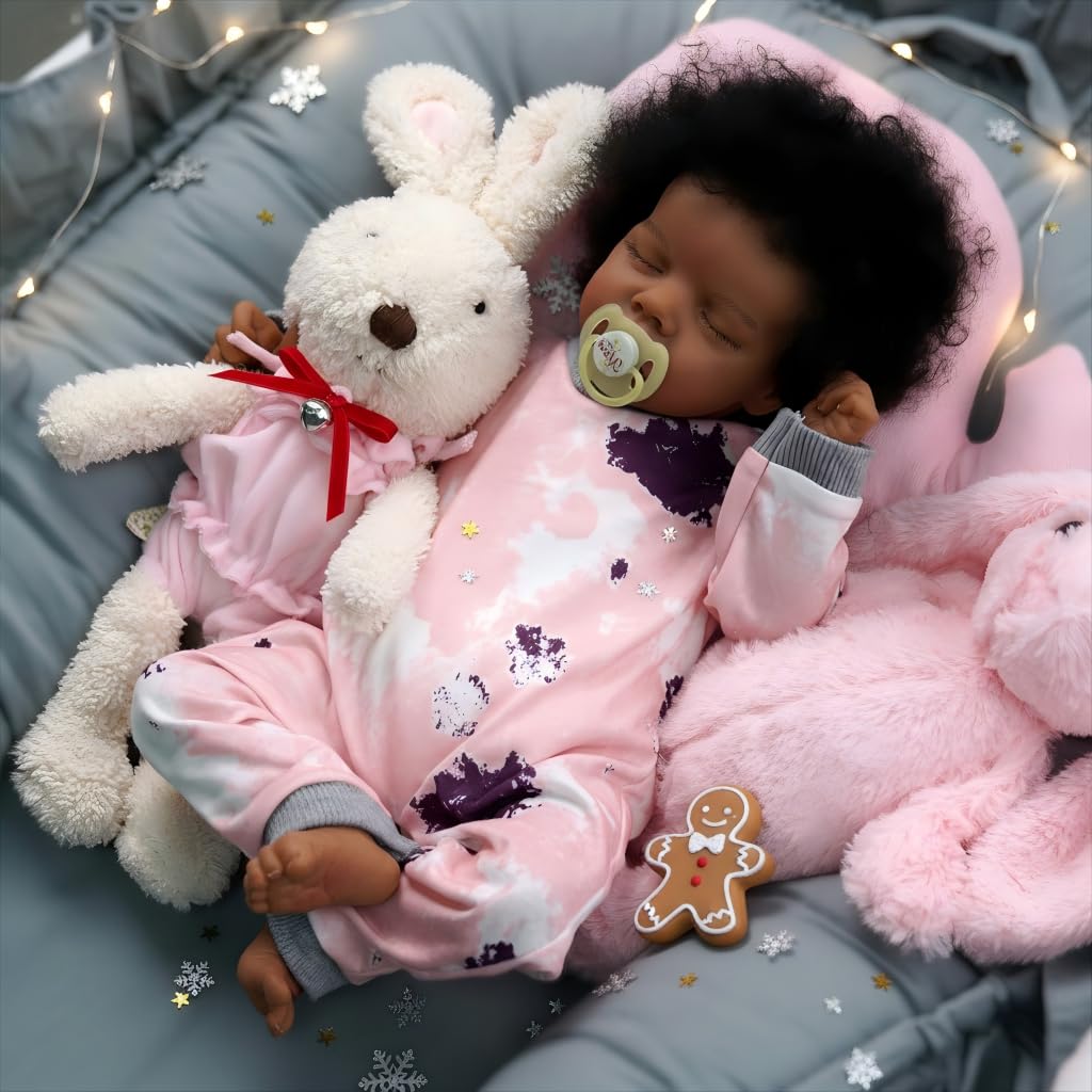 JIZHI Lifelike Reborn Baby Dolls Black -17Inch Baby-Soft Body & Curls Realistic-Newborn Baby Doll African American Real Life Baby Dolls Cloth Body with Gift Box for Kids